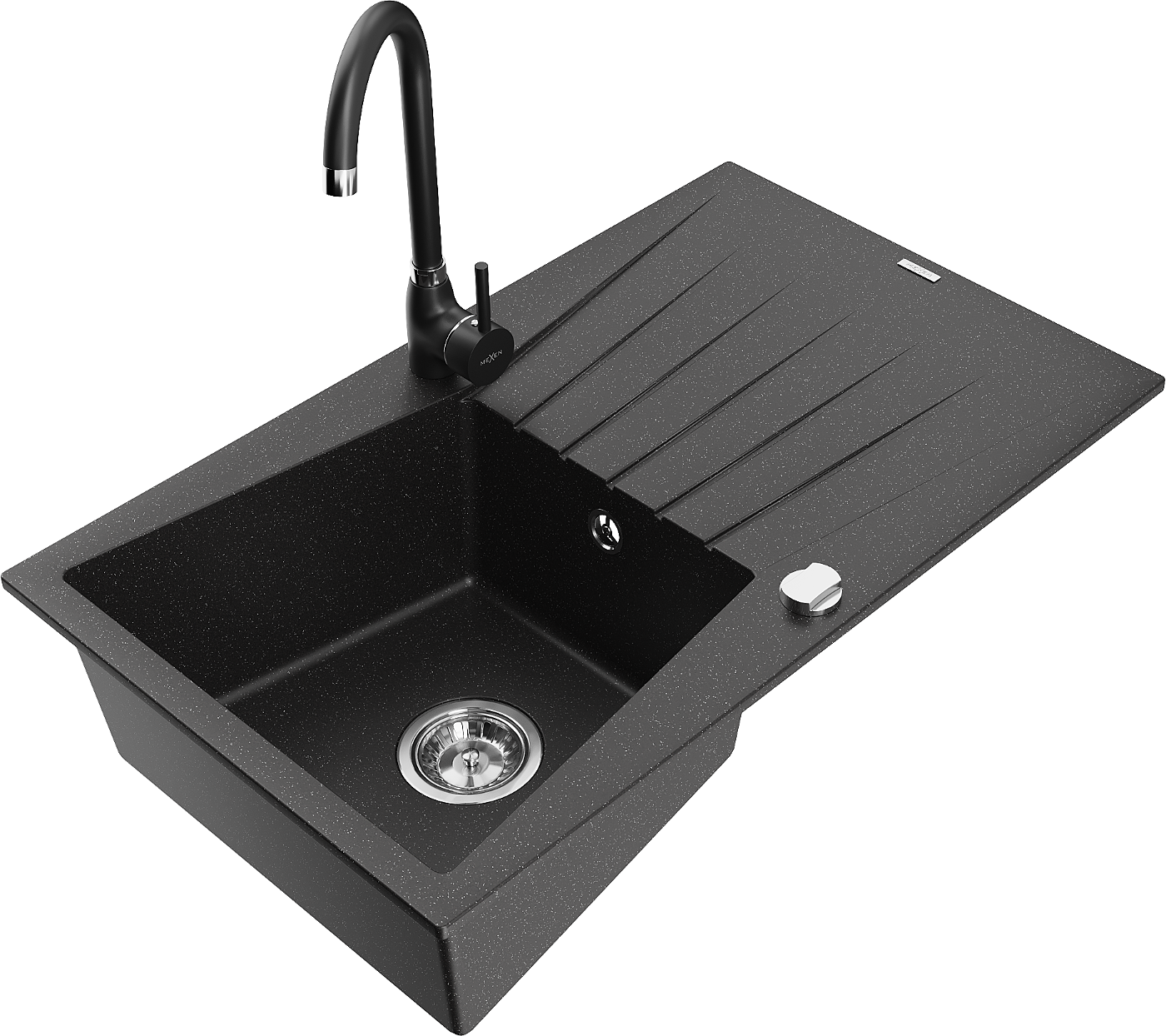 Mexen Cesar zlewozmywak granitowy 1-komorowy z ociekaczem i baterią kuchenną Telma, czarny/srebrny - 6514-73-670200-70