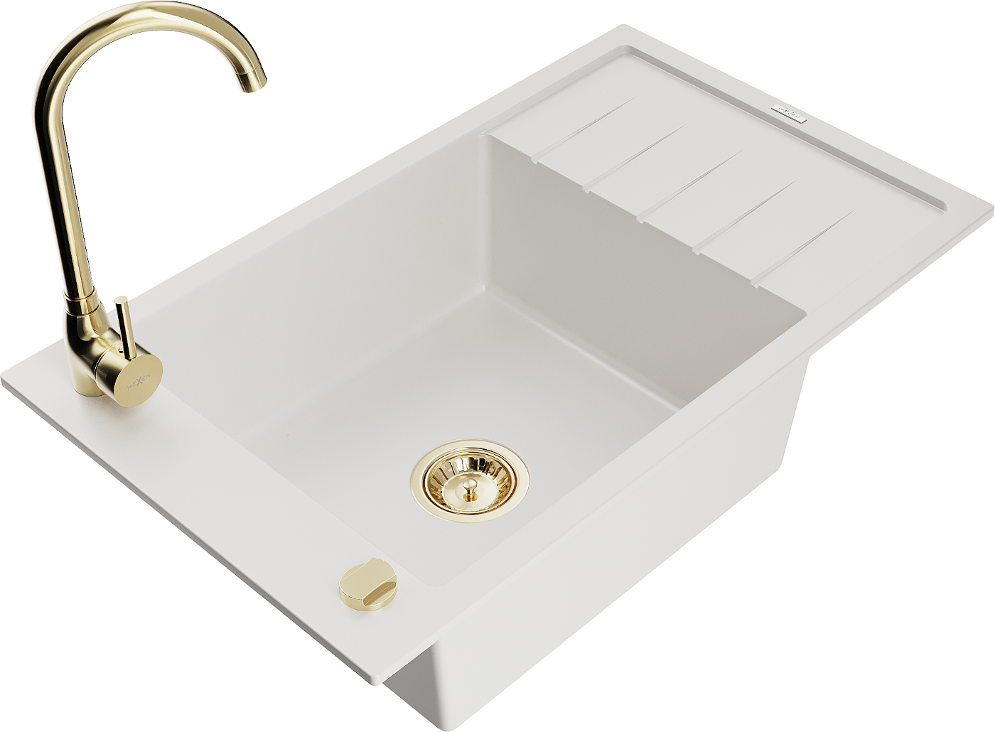 Mexen Elias zlewozmywak granitowy 1-komorowy z ociekaczem i baterią kuchenną Telma, biały - 6511-20-670200-50