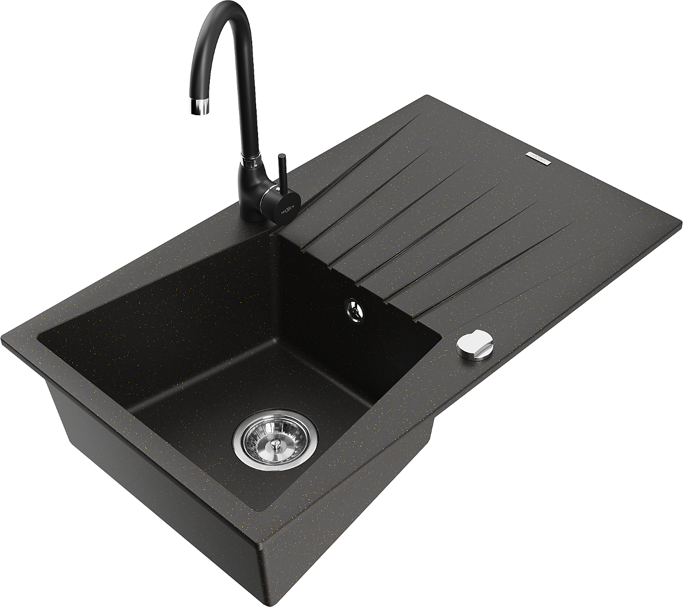 Mexen Cesar zlewozmywak granitowy 1-komorowy z ociekaczem i baterią kuchenną Telma, czarny/złoty - 6514-75-670200-70