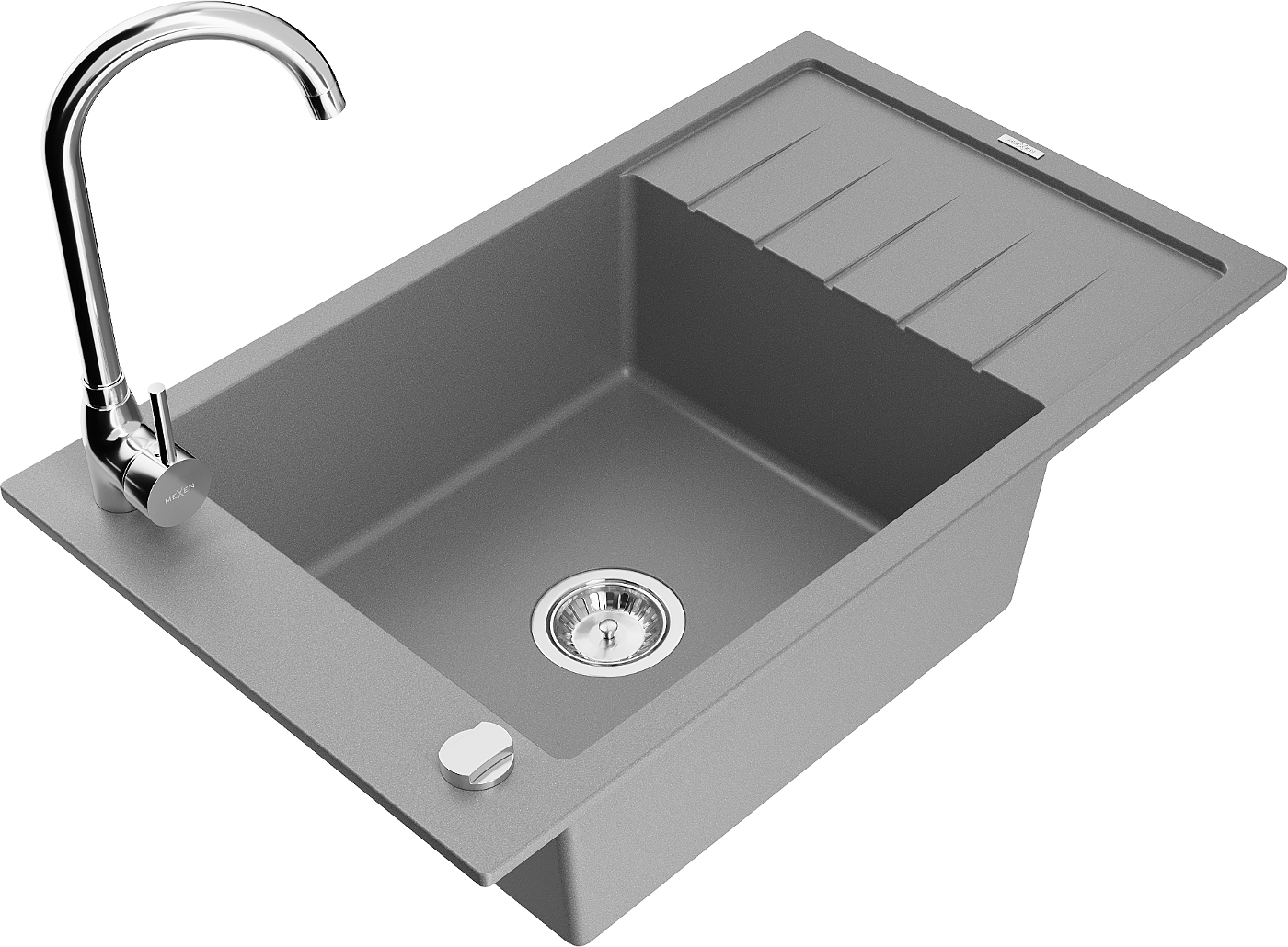 Mexen Elias zlewozmywak granitowy 1-komorowy z ociekaczem i baterią kuchenną Telma, szary - 6511-71-670200-00