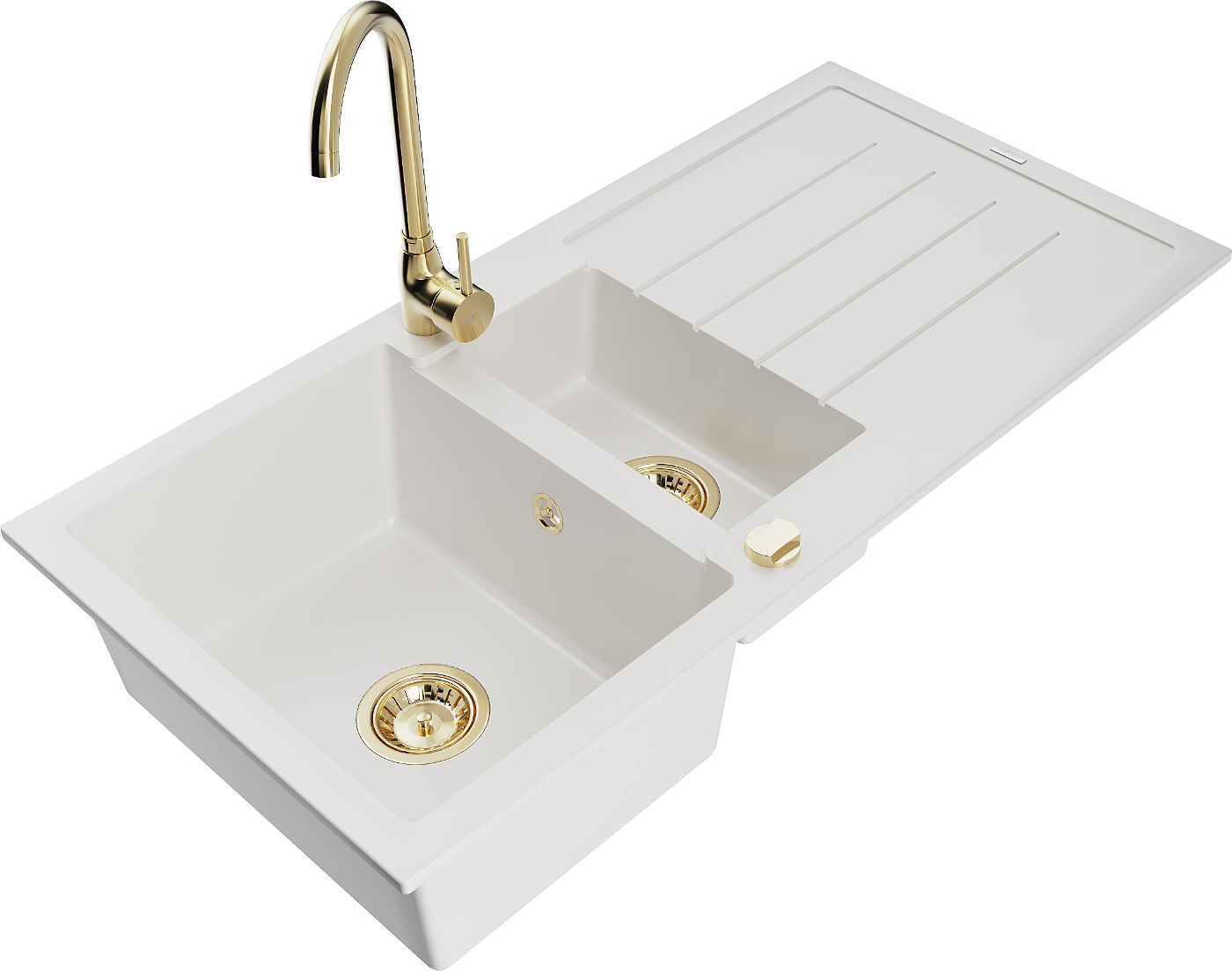 Mexen Andres zlewozmywak granitowy 1,5-komorowy z ociekaczem i baterią kuchenną Telma, biały - 6515-20-670200-50