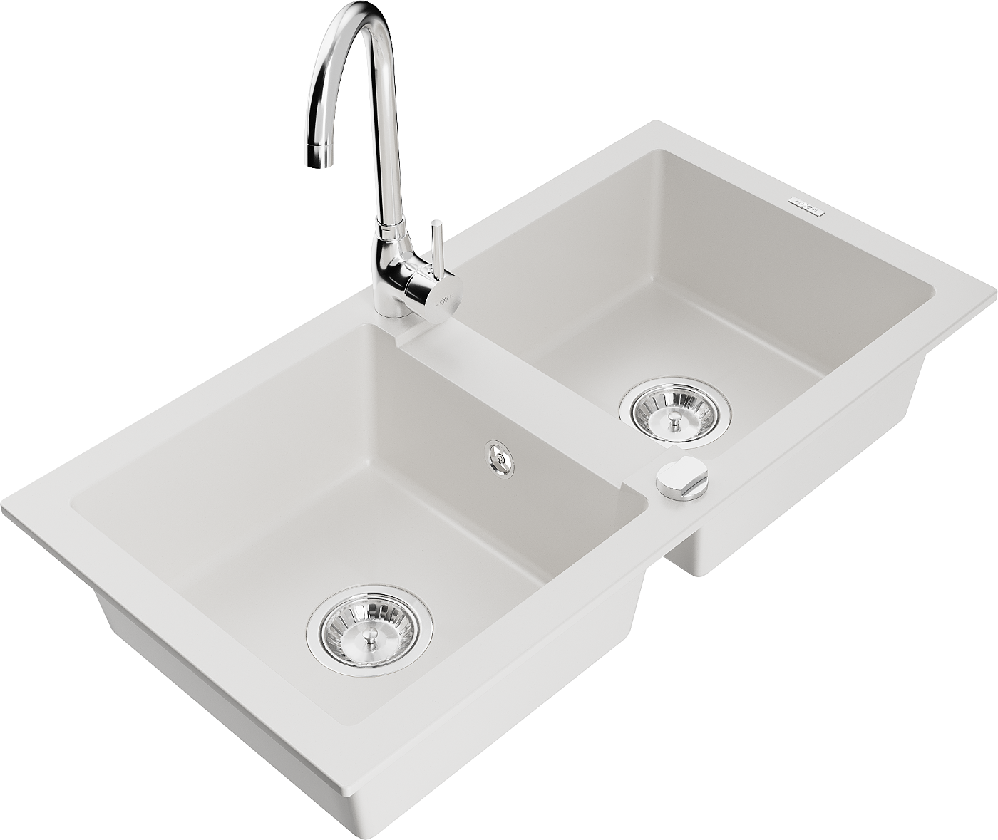 Mexen Mario zlewozmywak granitowy 2-komorowy z baterią kuchenną Telma, biały - 6504-20-670200-00