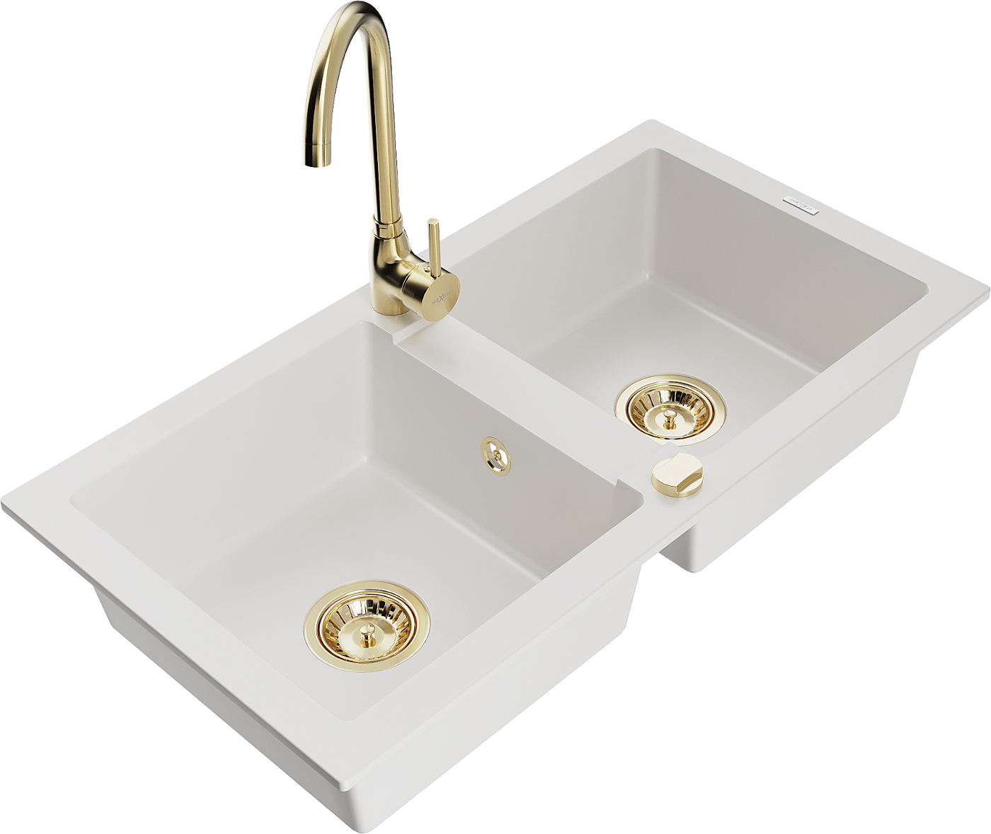 Mexen Mario zlewozmywak granitowy 2-komorowy z baterią kuchenną Telma, biały - 6504-20-670200-50