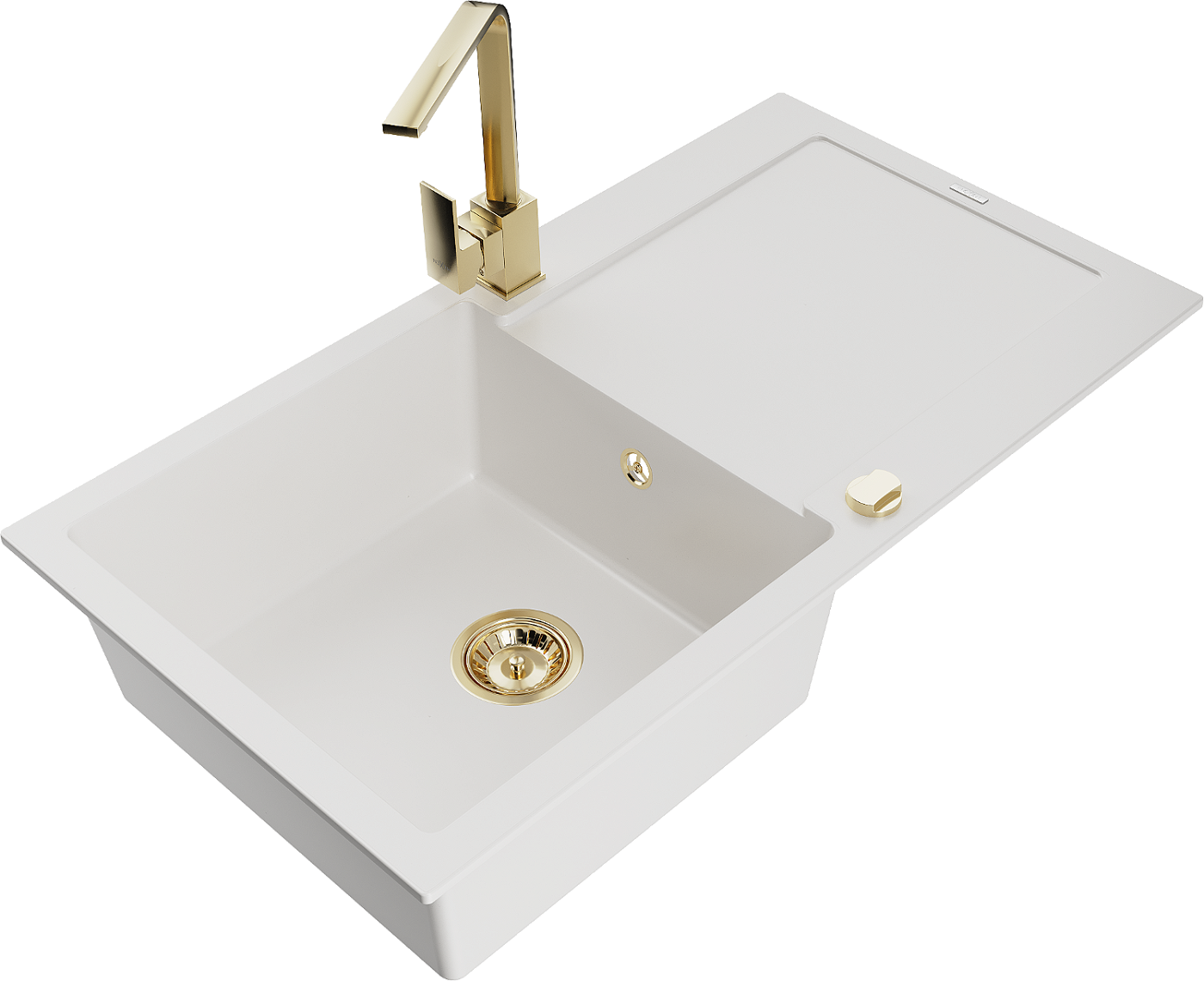 Mexen Leo zlewozmywak granitowy 1-komorowy z ociekaczem i baterią kuchenną Rita, biały - 6501-20-670300-50