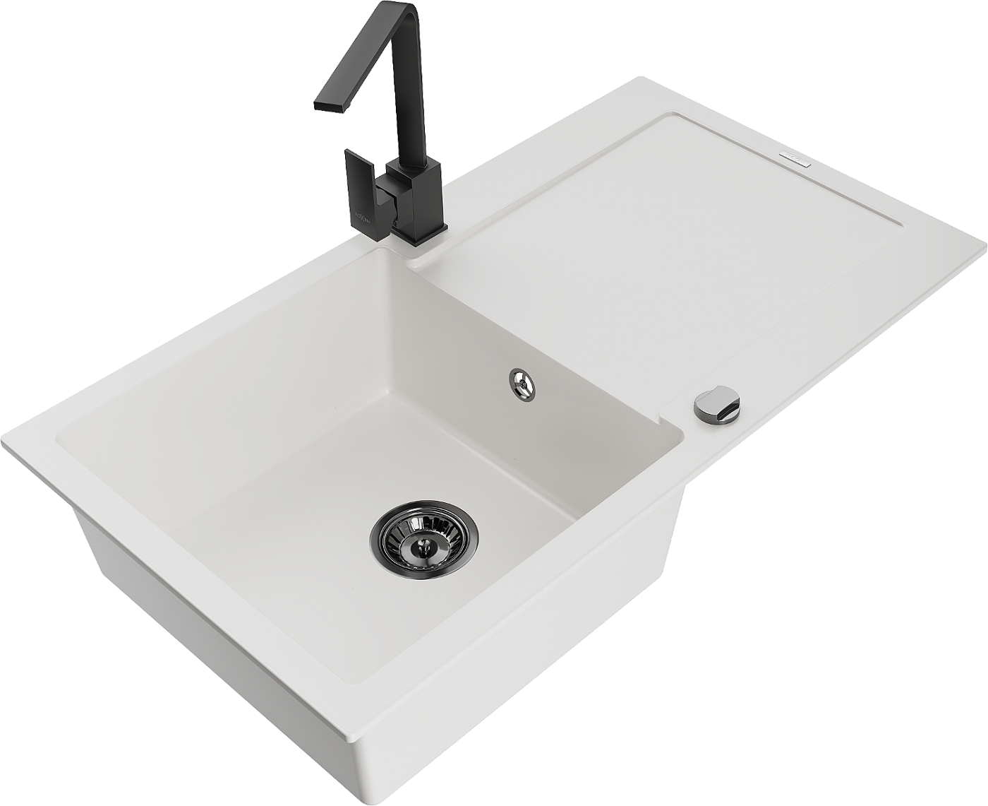 Mexen Leo zlewozmywak granitowy 1-komorowy z ociekaczem i baterią kuchenną Rita, biały - 6501-20-670300-70