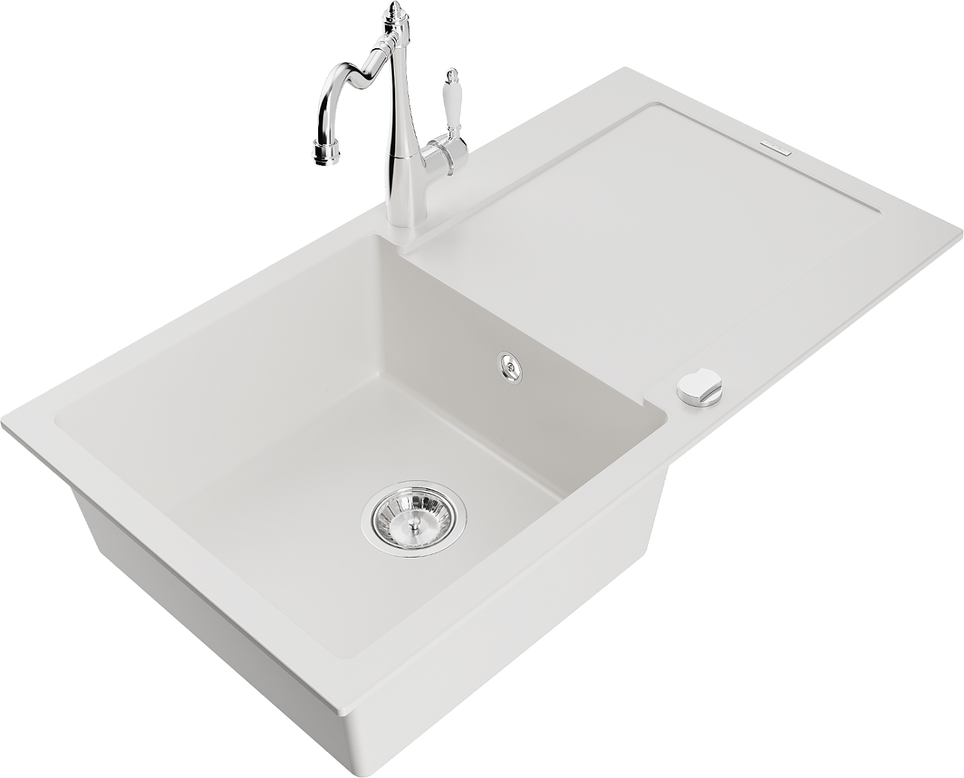 Mexen Leo zlewozmywak granitowy 1-komorowy z ociekaczem i baterią kuchenną Carla, biały - 6501-20-670700-00