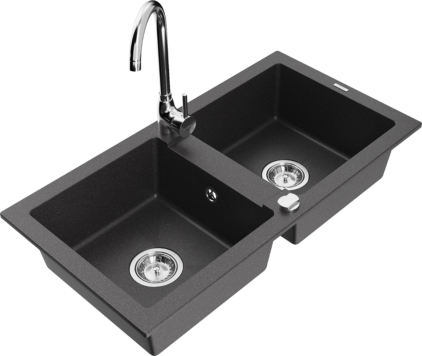 Mexen Mario zlewozmywak granitowy 2-komorowy z baterią kuchenną Telma, czarny nakrapiany - 6504-76-670200-00