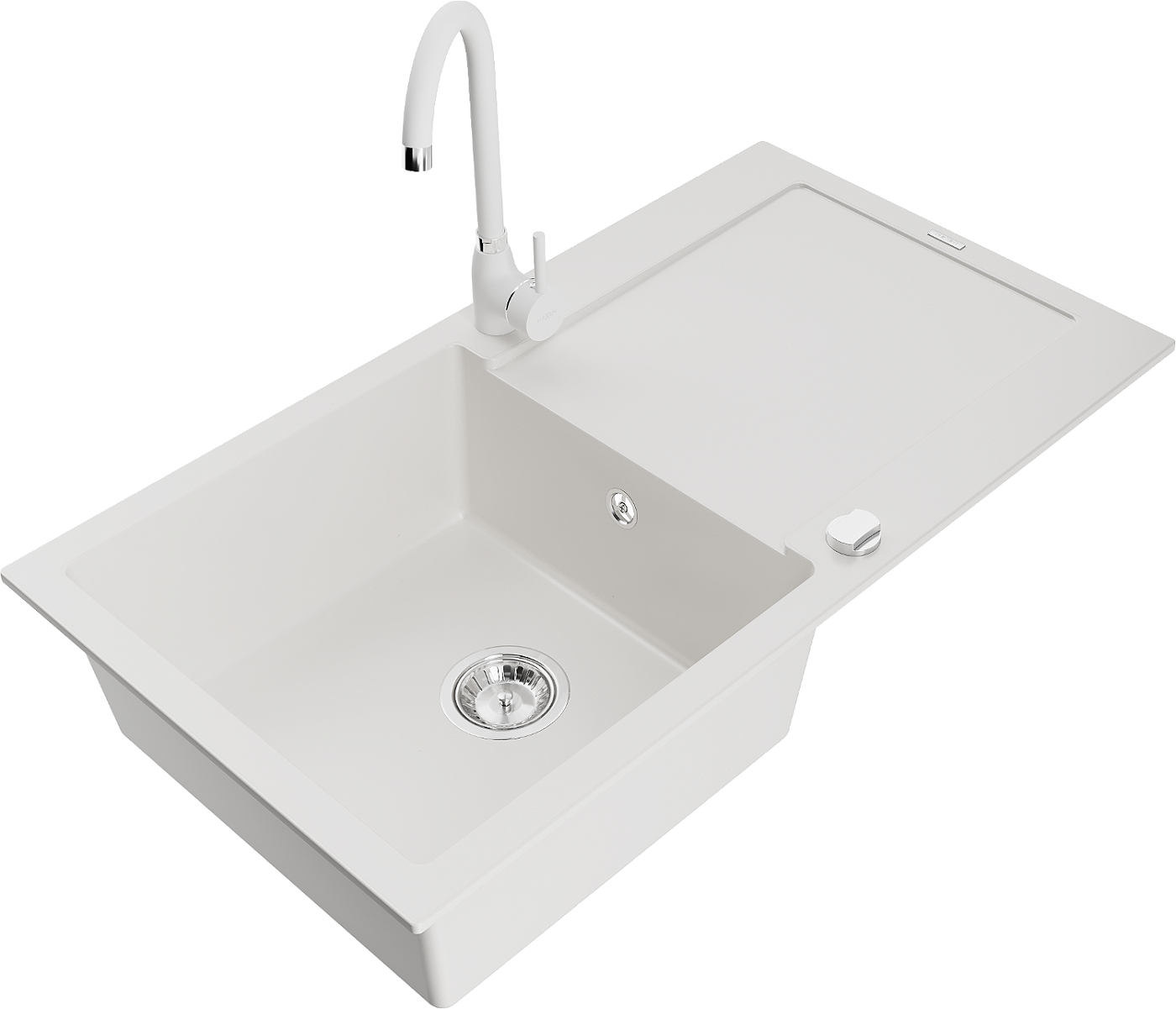 Mexen Leo zlewozmywak granitowy 1-komorowy z ociekaczem i baterią kuchenną Telma, biały - 6501-20-670200-20