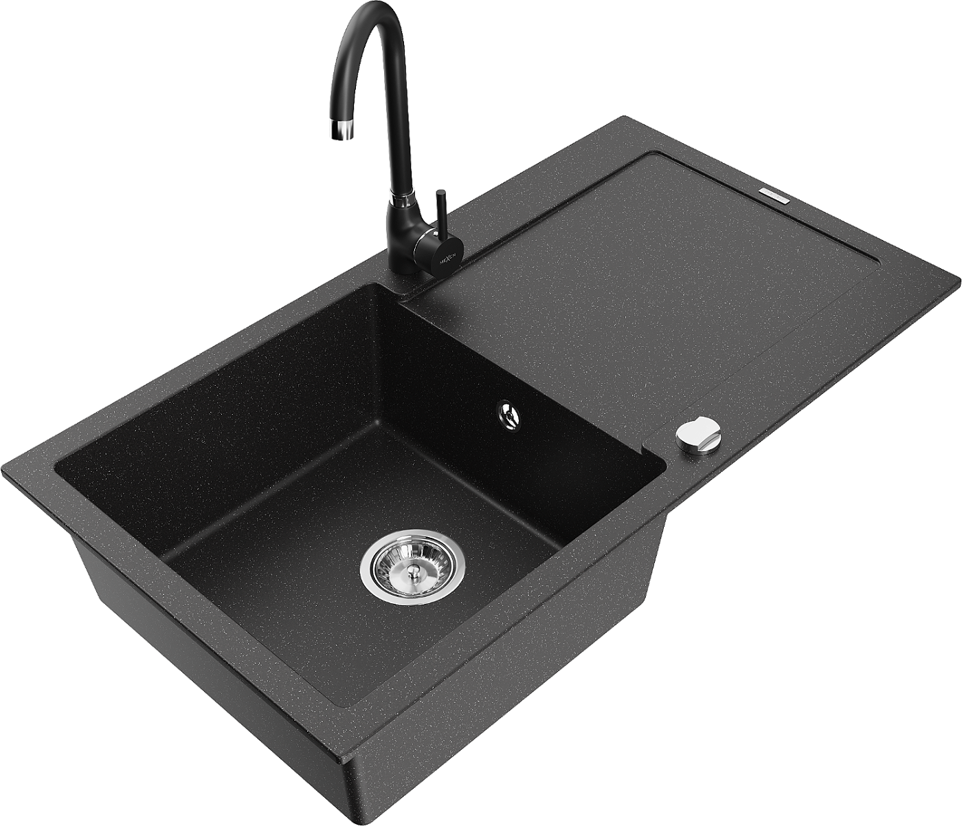 Mexen Leo zlewozmywak granitowy 1-komorowy z ociekaczem i baterią kuchenną Telma, czarny/srebrny metalik - 6501-73-670200-70