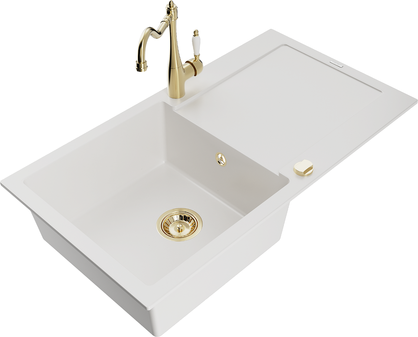 Mexen Leo zlewozmywak granitowy 1-komorowy z ociekaczem i baterią kuchenną Carla, biały - 6501-20-670700-50