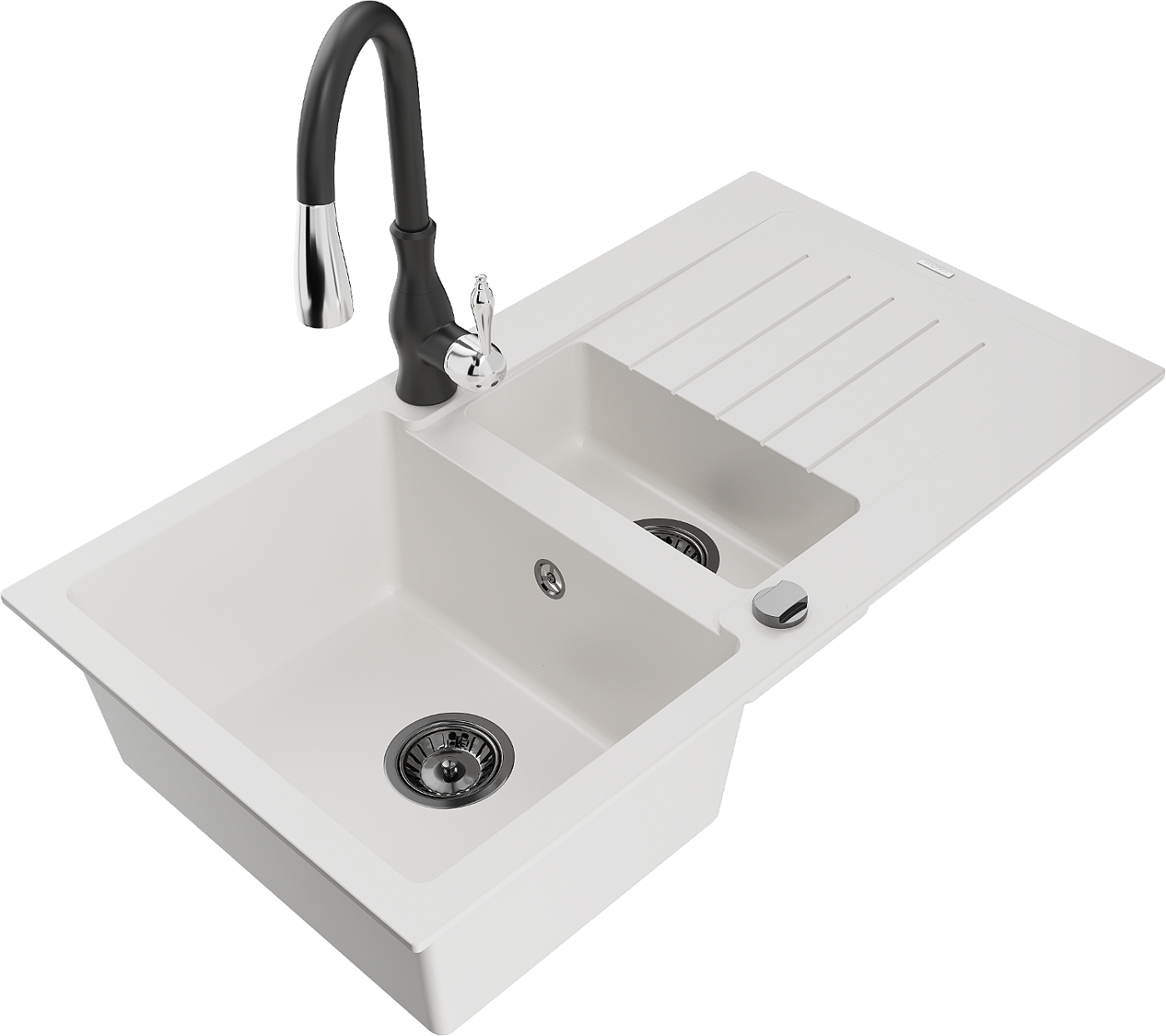 Mexen Matias zlewozmywak granitowy 1,5-komorowy z ociekaczem i baterią kuchenną Savita, biały - 6502-20-672601-70