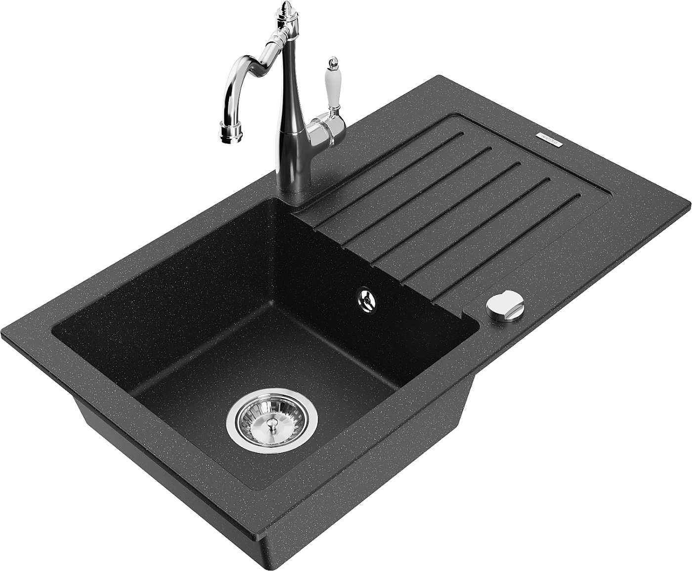 Mexen Pablo zlewozmywak granitowy 1-komorowy z ociekaczem i baterią kuchenną Carla, czarny/srebrny metalik - 6510-73-670700-00