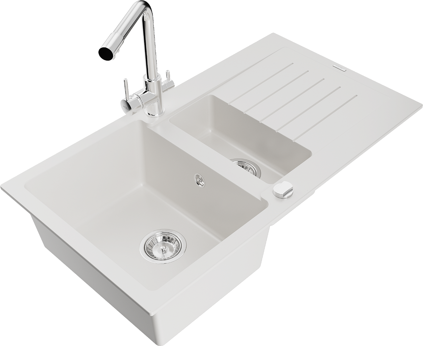 Mexen Matias zlewozmywak granitowy 1,5-komorowy z ociekaczem i baterią kuchenną Duero, biały - 6502-20-671600-00