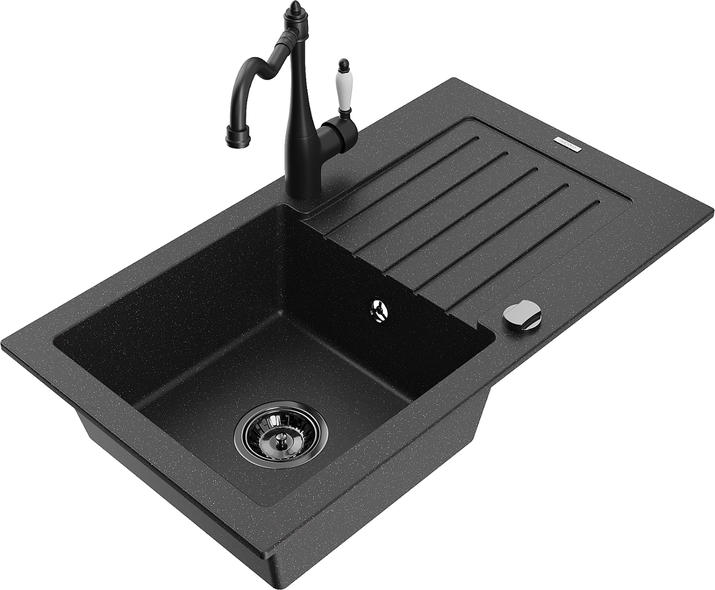 Mexen Pablo zlewozmywak granitowy 1-komorowy z ociekaczem i baterią kuchenną Carla, czarny/srebrny metalik - 6510-73-670700-70-B