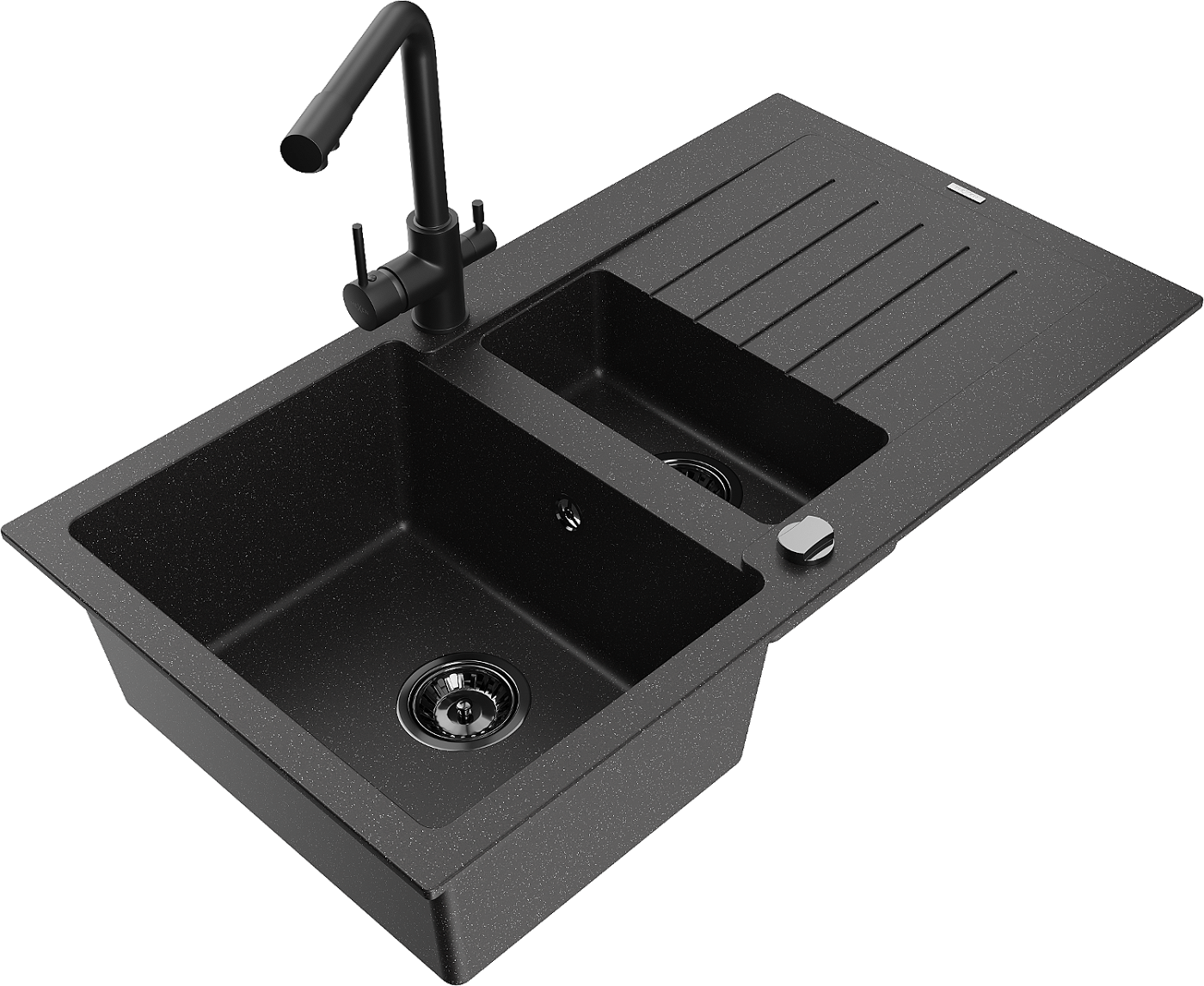 Mexen Matias zlewozmywak granitowy 1,5-komorowy z ociekaczem i baterią kuchenną Duero, czarny/srebrny - 6502-73-671600-70-B
