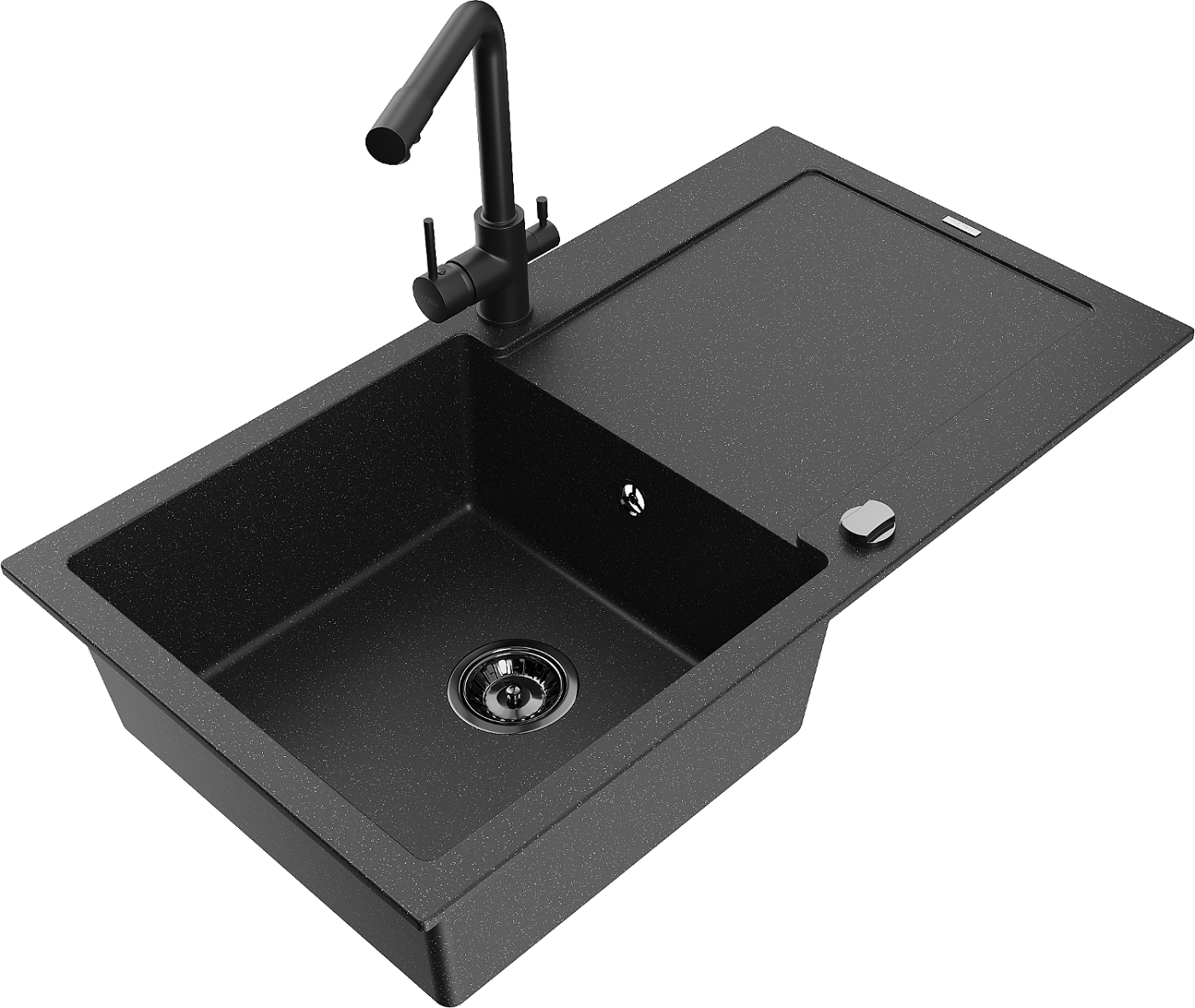 Mexen Leo zlewozmywak granitowy 1-komorowy z ociekaczem i baterią kuchenną Duero, czarny/srebrny metalik - 6501-73-671600-70-B