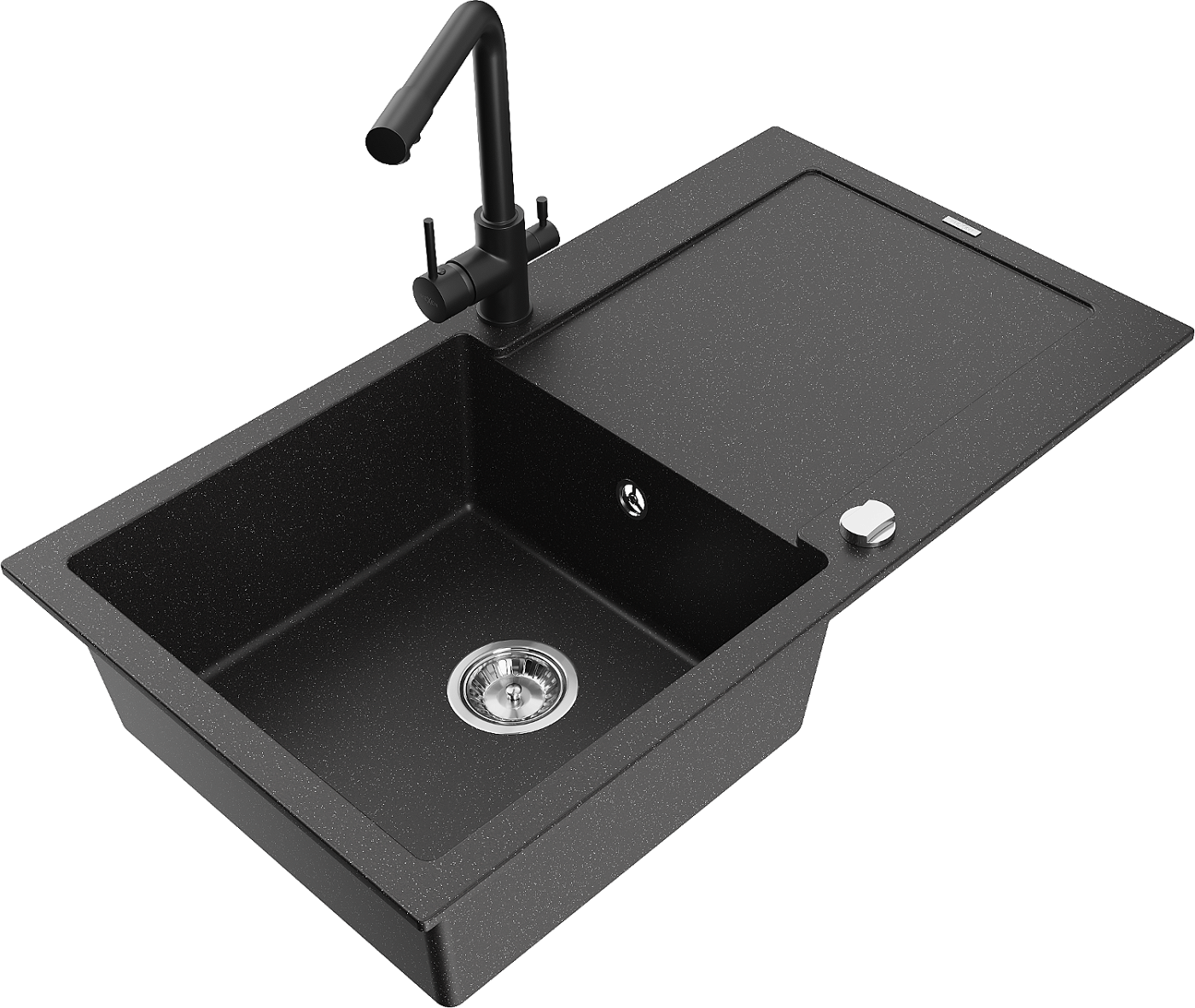 Mexen Leo zlewozmywak granitowy 1-komorowy z ociekaczem i baterią kuchenną Duero, czarny/srebrny metalik - 6501-73-671600-70