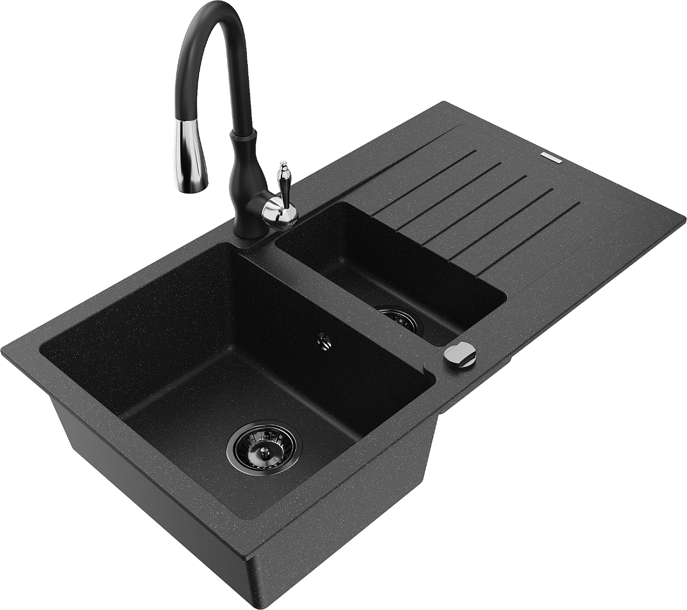 Mexen Matias zlewozmywak granitowy 1,5-komorowy z ociekaczem i baterią kuchenną Savita, czarny/srebrny - 6502-73-672601-70-B