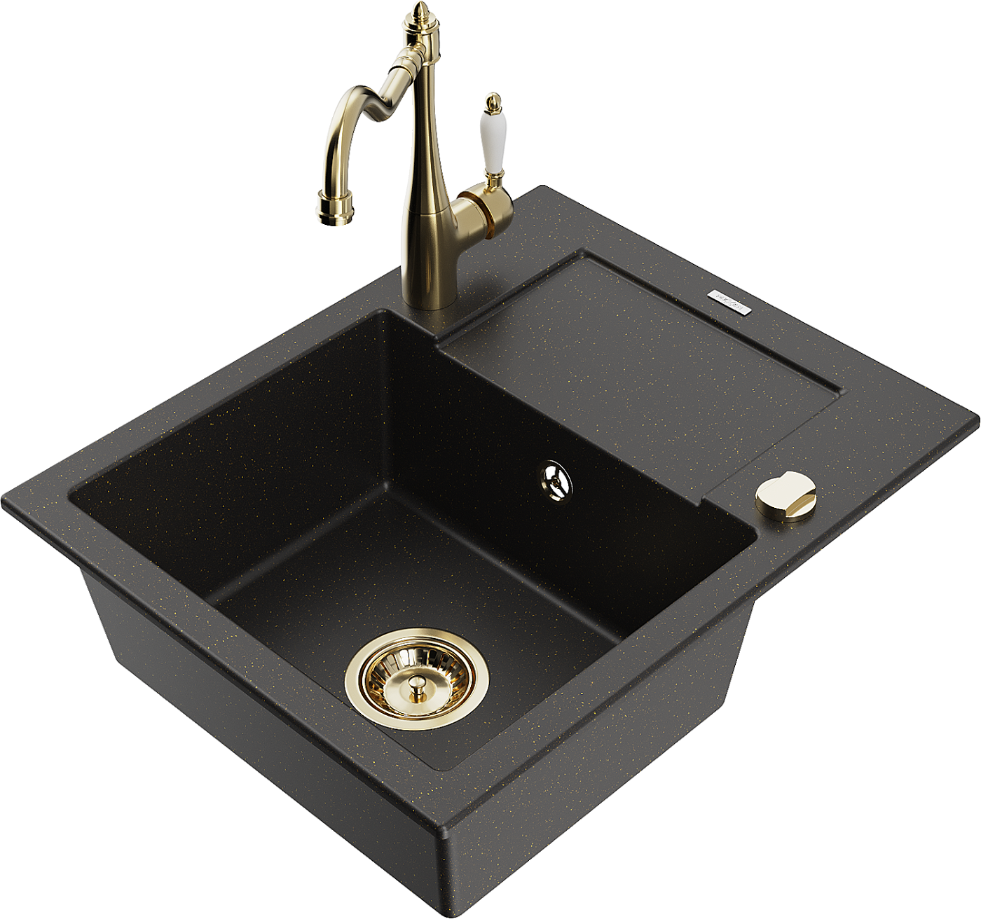 Mexen Enzo zlewozmywak granitowy 1-komorowy z ociekaczem i baterią kuchenną Carla, czarny/złoty metalik - 6506-75-670700-50