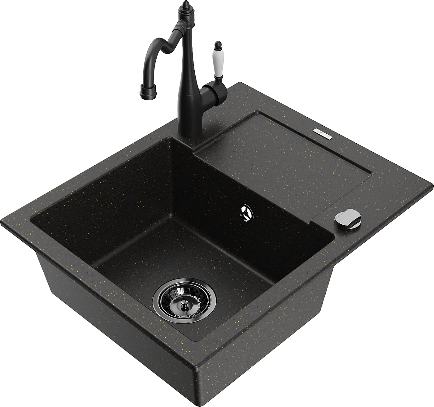 Mexen Enzo zlewozmywak granitowy 1-komorowy z ociekaczem i baterią kuchenną Carla, czarny/złoty metalik - 6506-75-670700-70-B