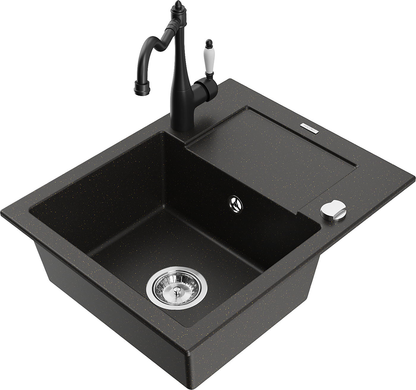 Mexen Enzo zlewozmywak granitowy 1-komorowy z ociekaczem i baterią kuchenną Carla, czarny/złoty metalik - 6506-75-670700-70
