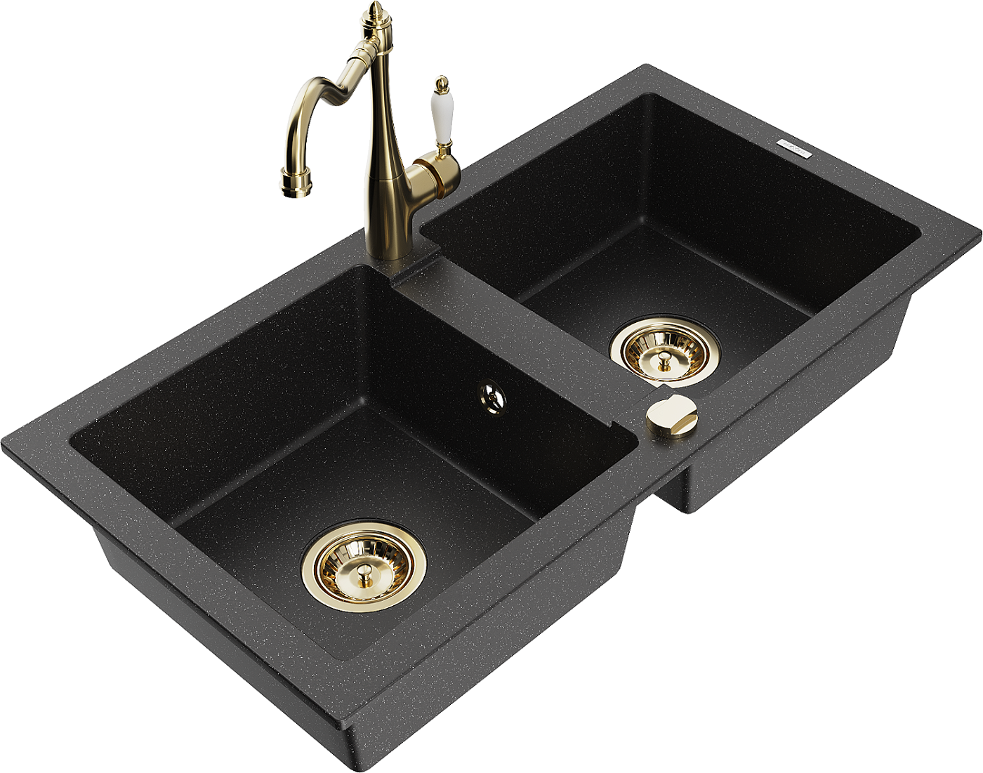 Mexen Mario zlewozmywak granitowy 2-komorowy z baterią kuchenną Carla, czarny/srebrny metalik - 6504-73-670700-50