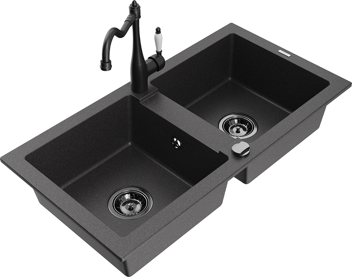 Mexen Mario zlewozmywak granitowy 2-komorowy z baterią kuchenną Carla, czarny nakrapiany - 6504-76-670700-70-B