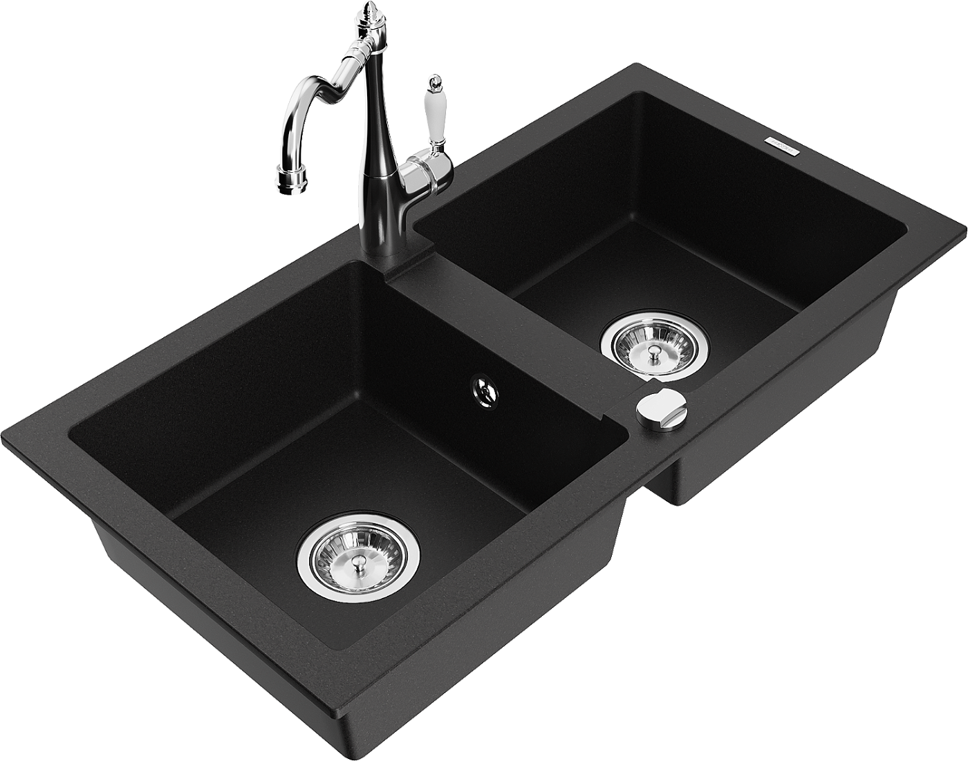 Mexen Mario zlewozmywak granitowy 2-komorowy z baterią kuchenną Carla, czarny - 6504-77-670700-00