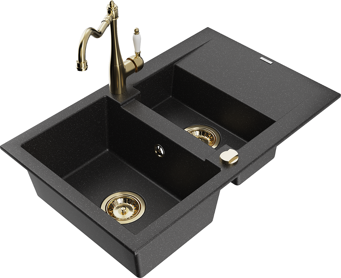 Mexen Gaspar zlewozmywak granitowy 1,5-komorowy z ociekaczem i baterią kuchenną Carla czarny/srebrny metalik - 6507-73-670700-50