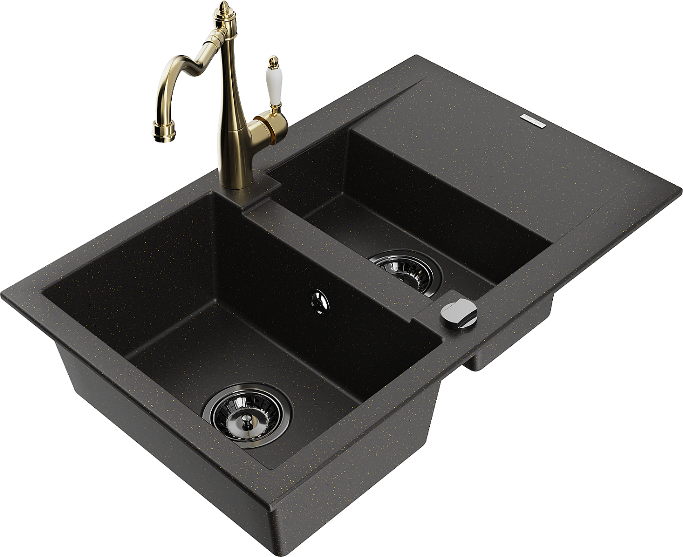 Mexen Gaspar zlewozmywak granitowy 1,5-komorowy z ociekaczem i baterią kuchenną Carla czarny/złoty metalik - 6507-75-670700-50-B