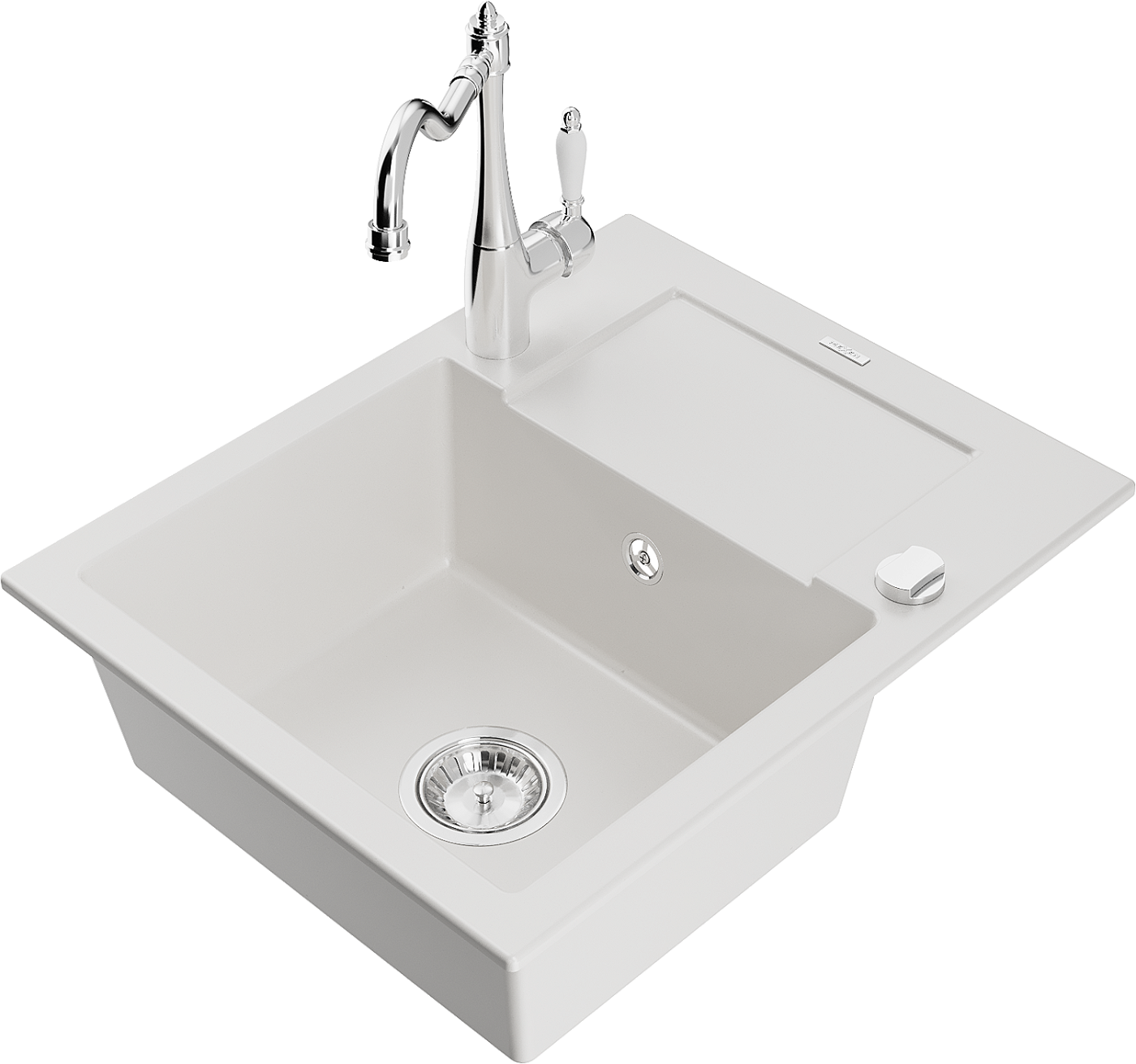 Mexen Enzo zlewozmywak granitowy 1-komorowy z ociekaczem i baterią kuchenną Carla, biały - 6506-20-670700-00