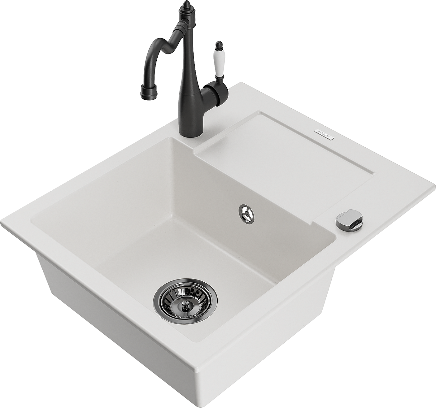 Mexen Enzo zlewozmywak granitowy 1-komorowy z ociekaczem i baterią kuchenną Carla, biały - 6506-20-670700-70