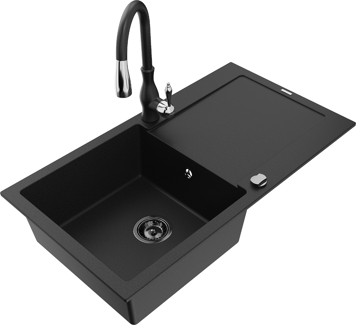 Mexen Leo zlewozmywak granitowy 1-komorowy z ociekaczem i baterią kuchenną Savita, czarny - 6501-77-672601-70-B