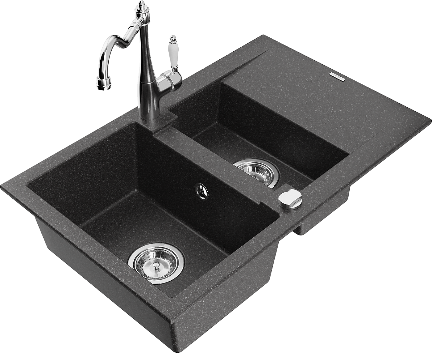 Mexen Gaspar zlewozmywak granitowy 1,5-komorowy z ociekaczem i baterią kuchenną Carla, czarny nakrapiany - 6507-76-670700-00