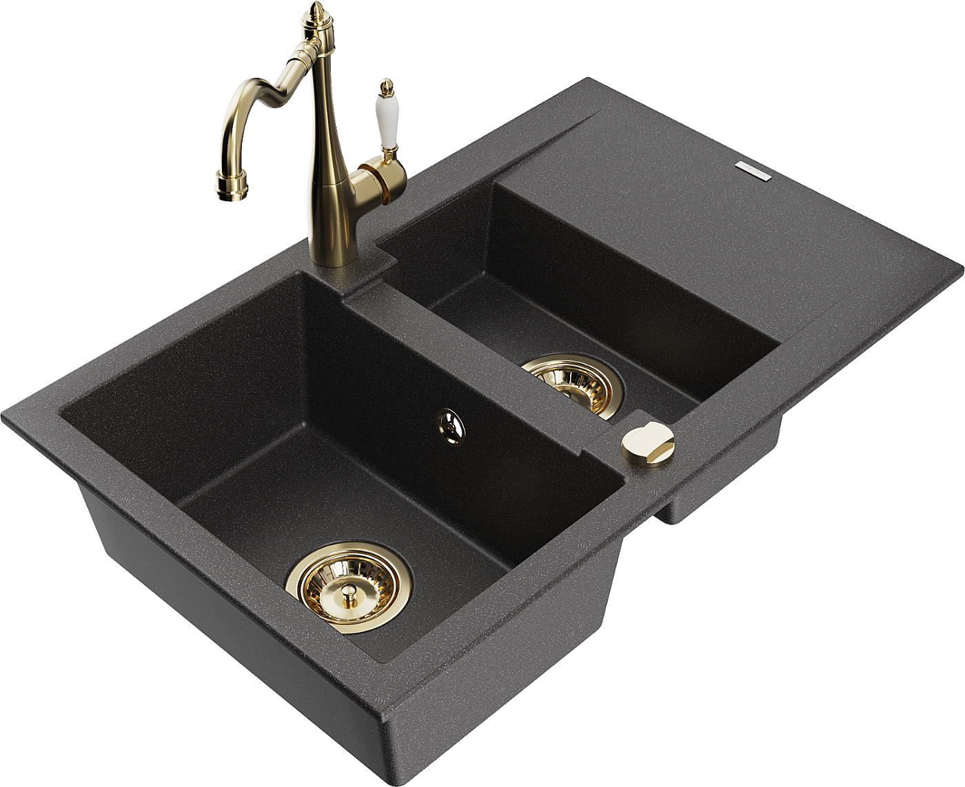Mexen Gaspar zlewozmywak granitowy 1,5-komorowy z ociekaczem i baterią kuchenną Carla, czarny nakrapiany - 6507-76-670700-50