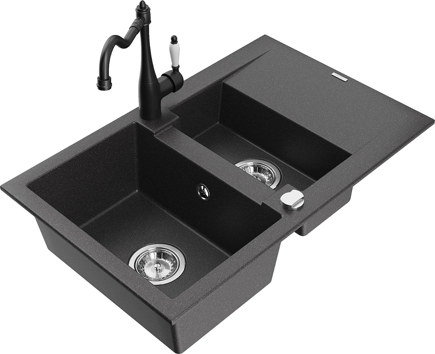 Mexen Gaspar zlewozmywak granitowy 1,5-komorowy z ociekaczem i baterią kuchenną Carla, czarny nakrapiany - 6507-76-670700-70