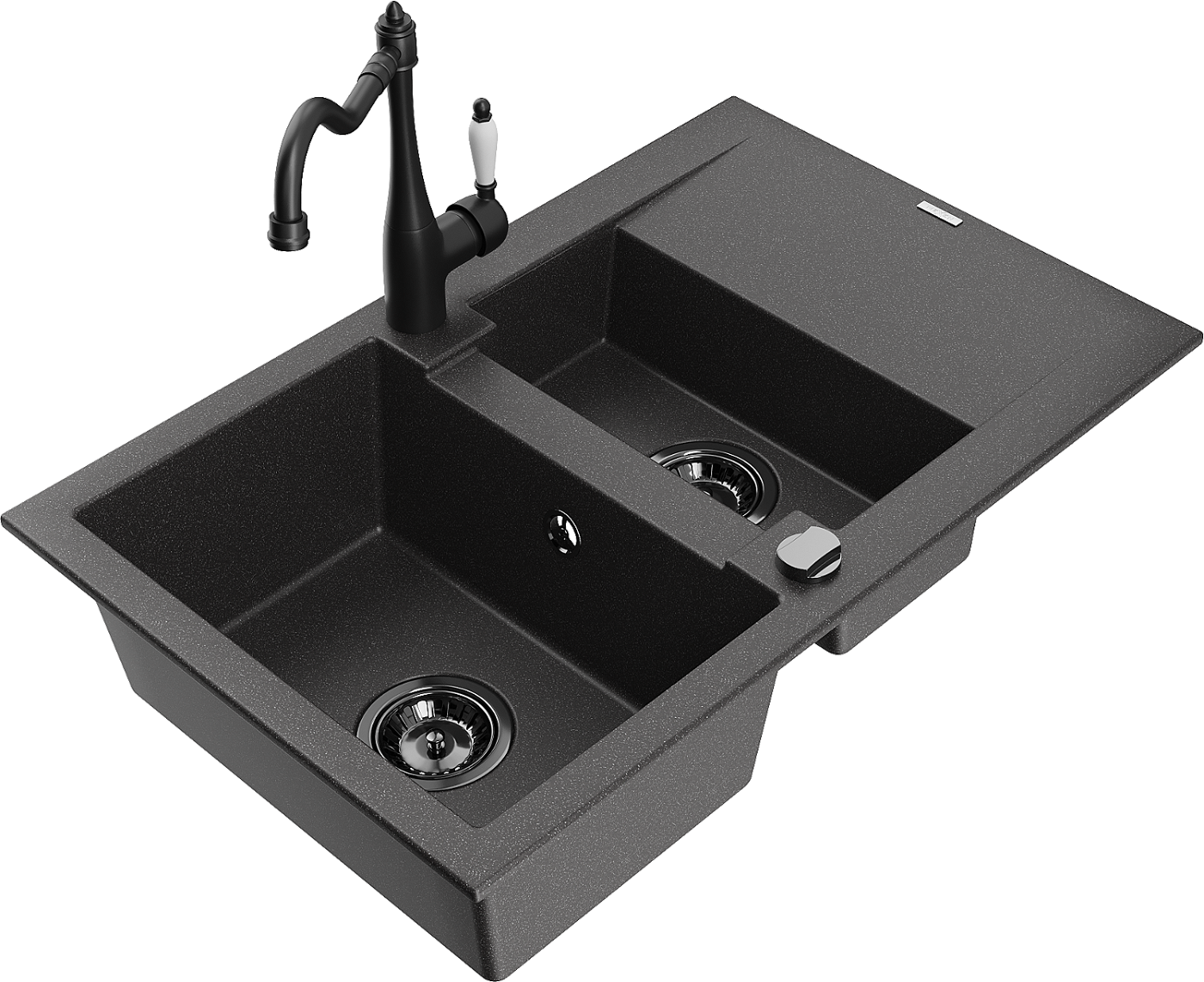 Mexen Gaspar zlewozmywak granitowy 1,5-komorowy z ociekaczem i baterią kuchenną Carla, czarny nakrapiany - 6507-76-670700-70-B