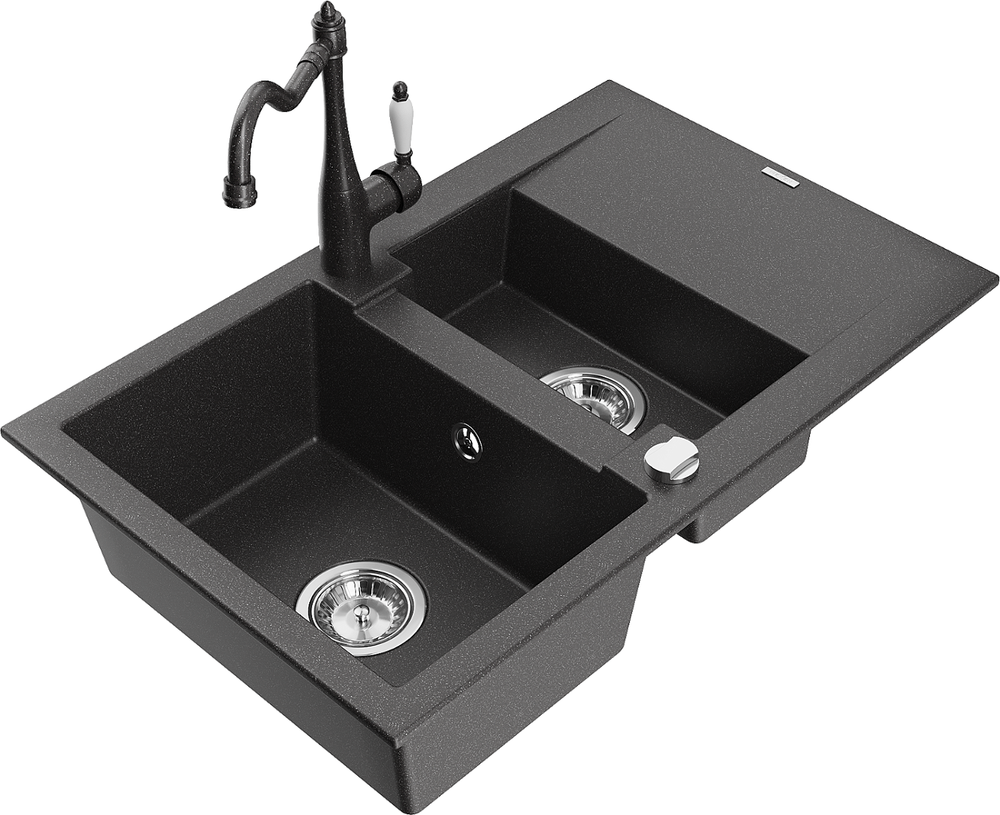 Mexen Gaspar zlewozmywak granitowy 1,5-komorowy z ociekaczem i baterią kuchenną Carla, czarny nakrapiany - 6507-76-670700-76