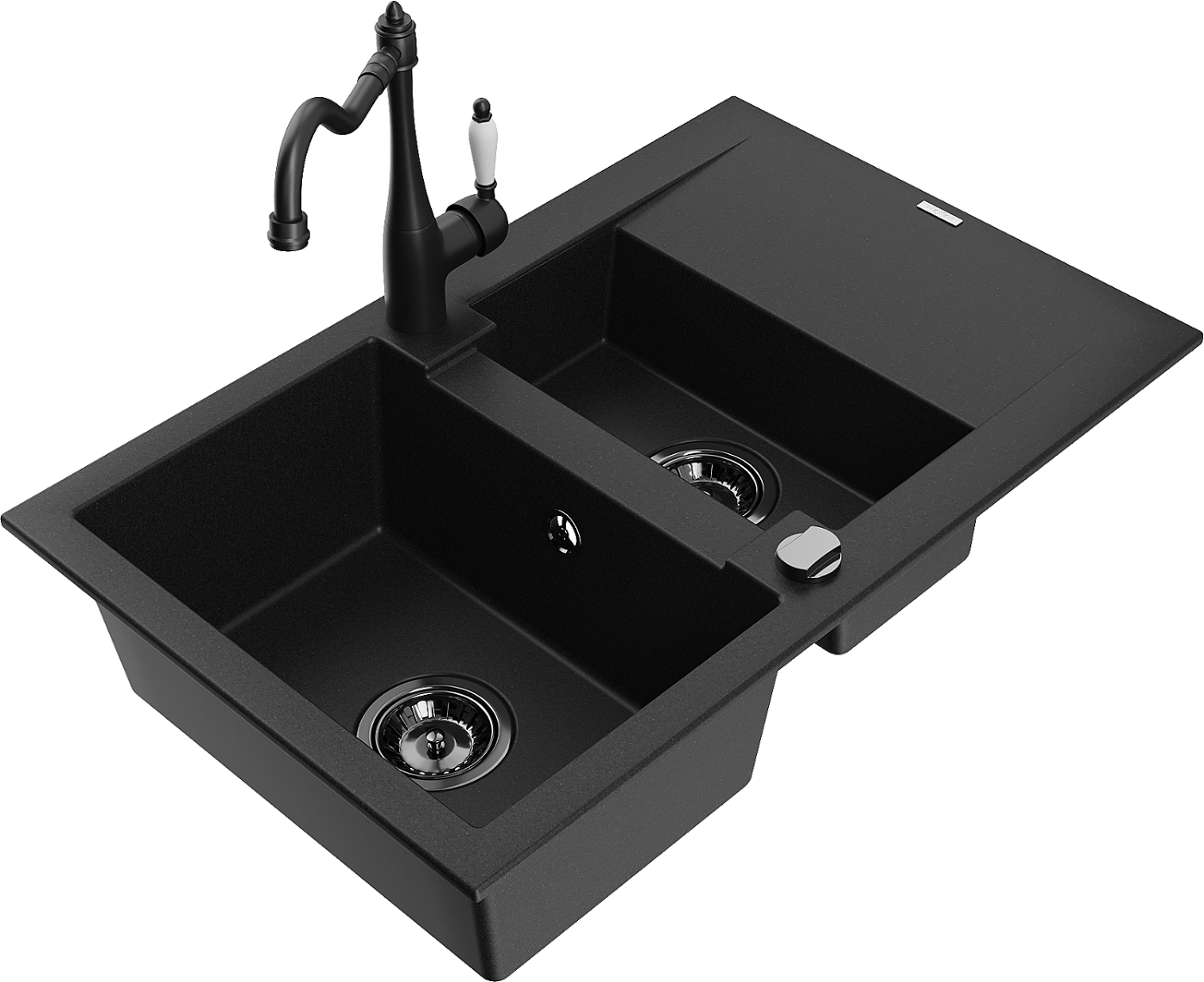 Mexen Gaspar zlewozmywak granitowy 1,5-komorowy z ociekaczem i baterią kuchenną Carla, czarny - 6507-77-670700-70-B