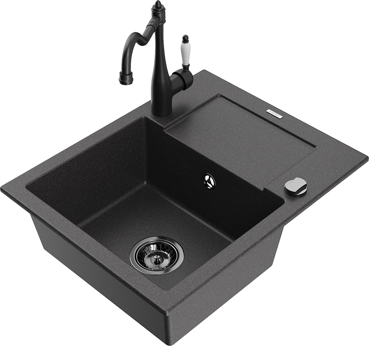 Mexen Enzo zlewozmywak granitowy 1-komorowy z ociekaczem i baterią kuchenną Carla, czarny nakrapiany - 6506-76-670700-70-B