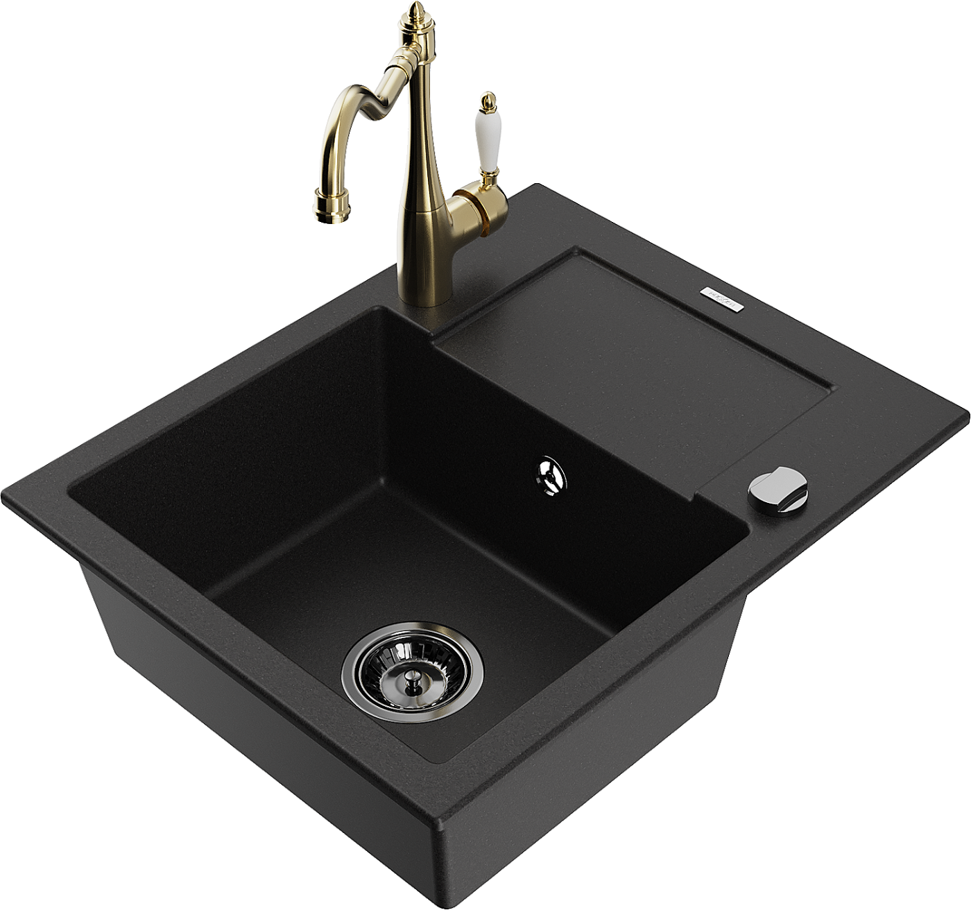 Mexen Enzo zlewozmywak granitowy 1-komorowy z ociekaczem i baterią kuchenną Carla, czarny - 6506-77-670700-50-B