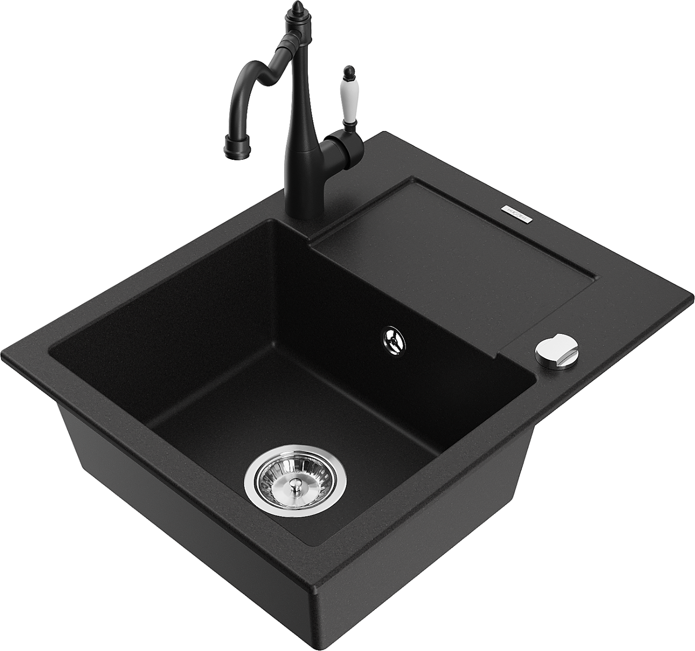 Mexen Enzo zlewozmywak granitowy 1-komorowy z ociekaczem i baterią kuchenną Carla, czarny - 6506-77-670700-70