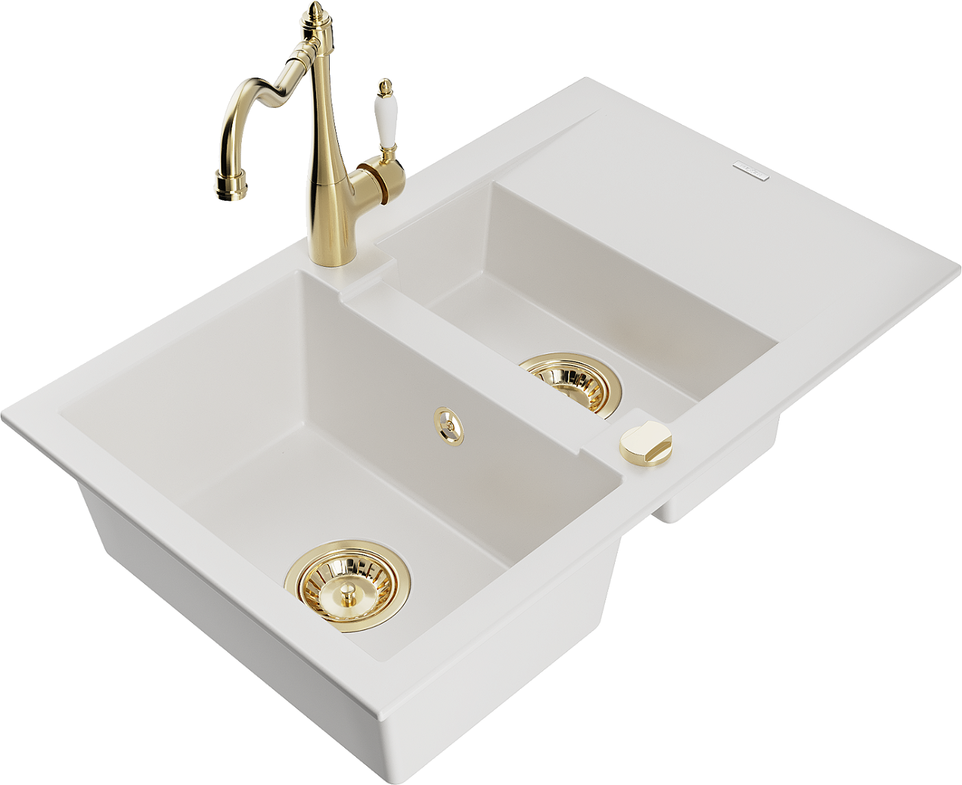 Mexen Gaspar zlewozmywak granitowy 1,5-komorowy z ociekaczem i baterią kuchenną Carla, biały - 6507-20-670700-50