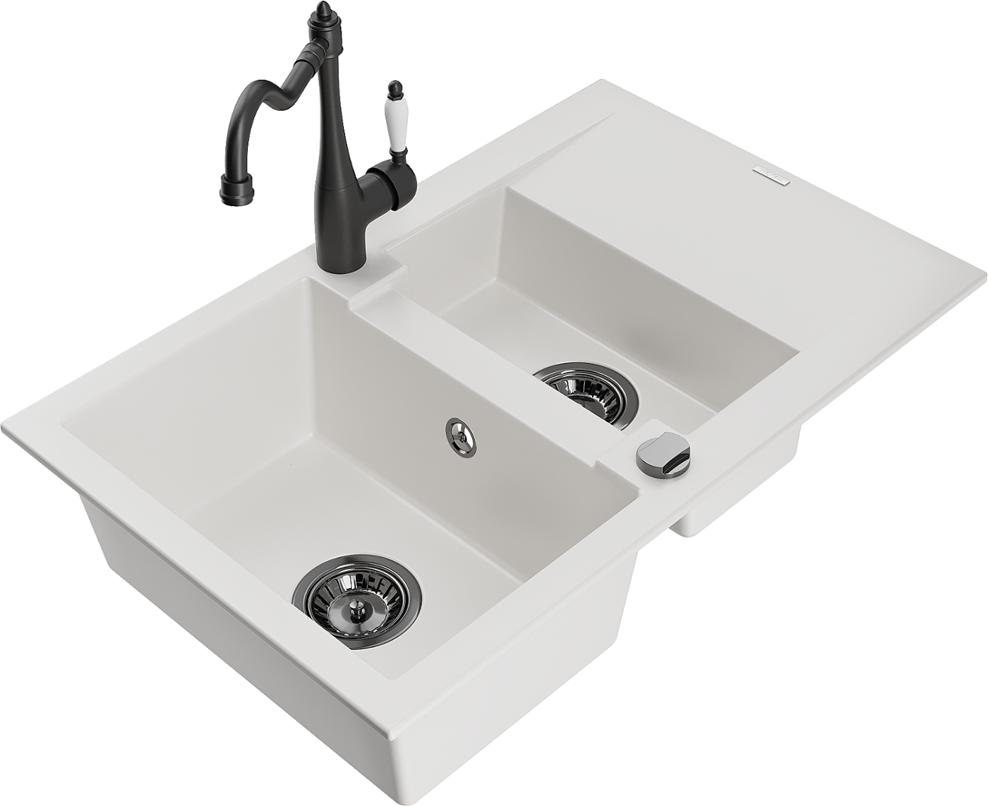 Mexen Gaspar zlewozmywak granitowy 1,5-komorowy z ociekaczem i baterią kuchenną Carla, biały - 6507-20-670700-70
