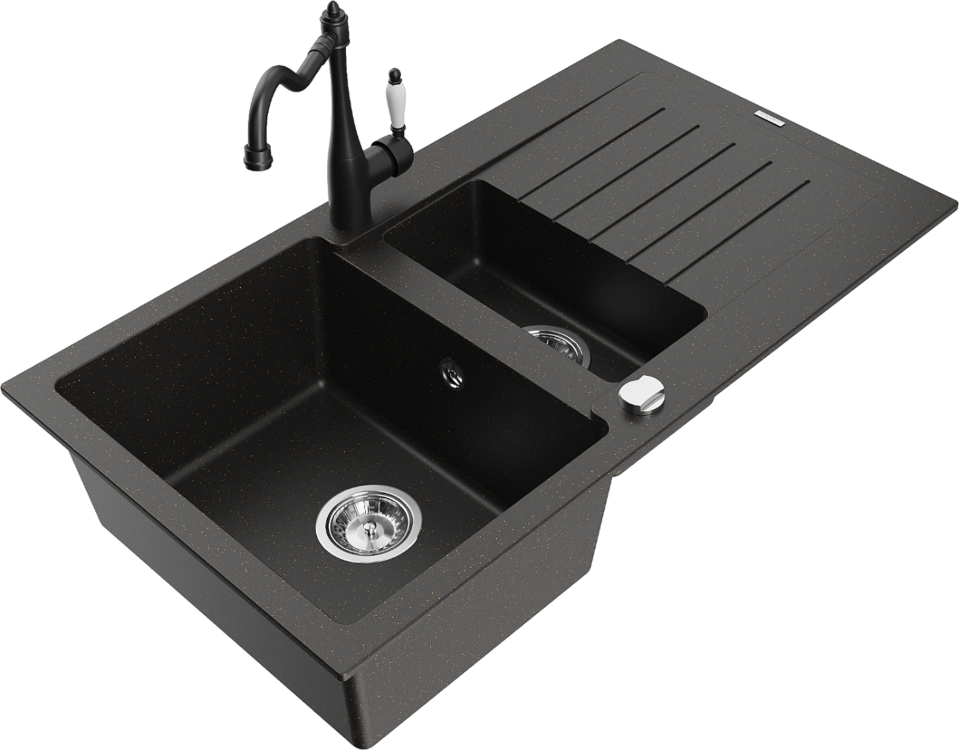 Mexen Matias zlewozmywak granitowy 1,5-komorowy z ociekaczem i baterią kuchenną Carla czarny/złoty metalik - 6502-75-670700-70