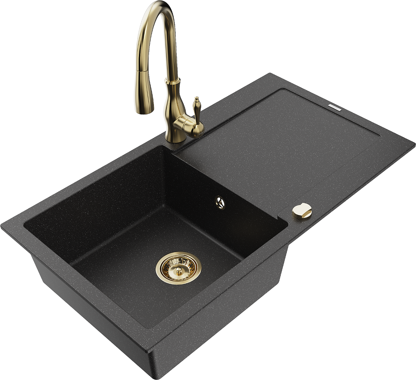 Mexen Leo zlewozmywak granitowy 1-komorowy z ociekaczem i baterią kuchenną Savita, czarny/srebrny metalik - 6501-73-672601-50