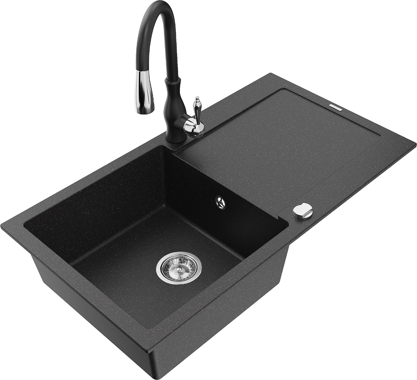 Mexen Leo zlewozmywak granitowy 1-komorowy z ociekaczem i baterią kuchenną Savita, czarny/srebrny metalik - 6501-73-672601-70