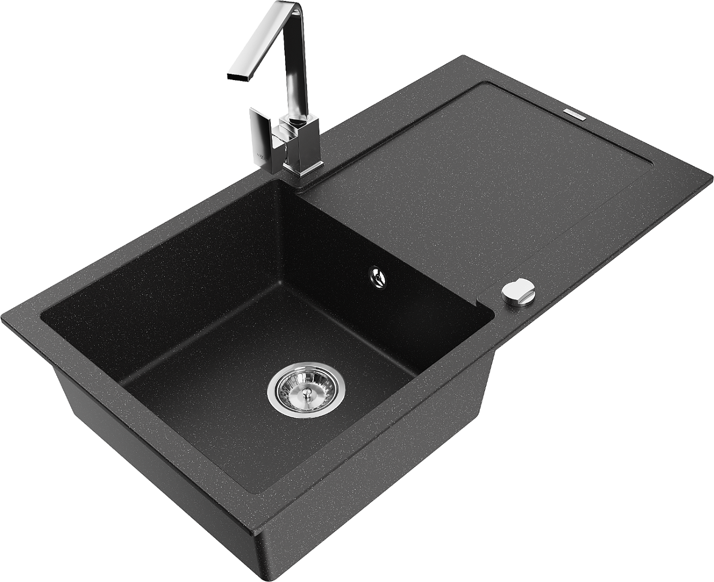 Mexen Leo zlewozmywak granitowy 1-komorowy z ociekaczem i baterią kuchenną Rita, czarny/srebrny metalik - 6501-73-670300-00