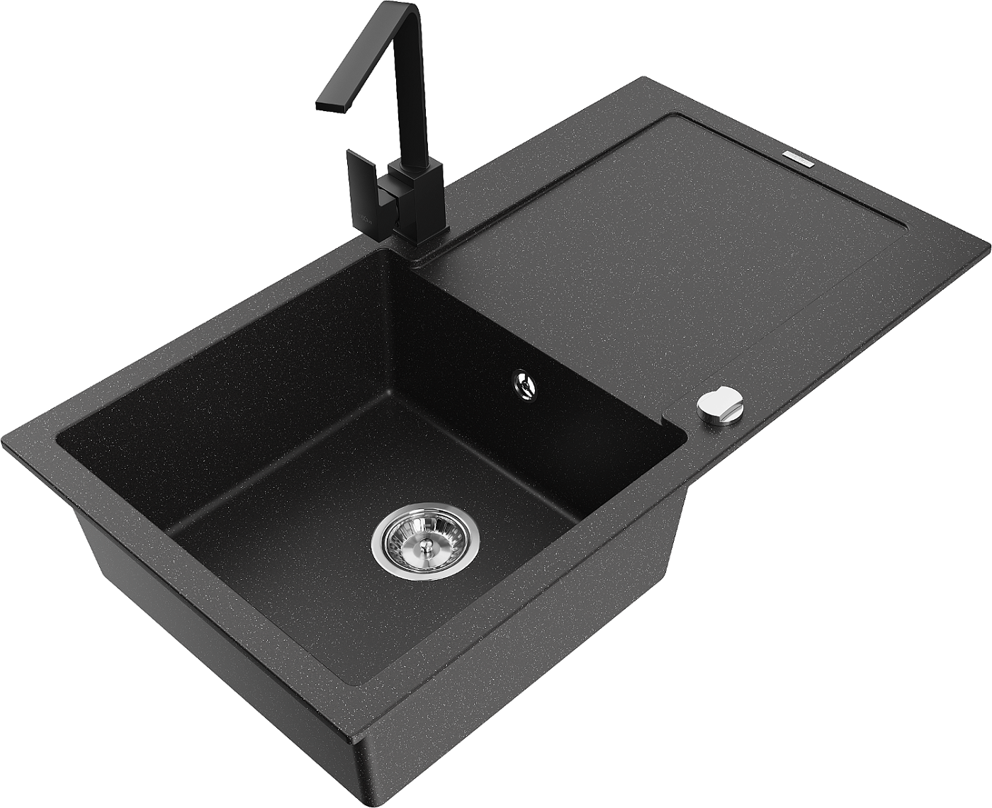 Mexen Leo zlewozmywak granitowy 1-komorowy z ociekaczem i baterią kuchenną Rita, czarny/srebrny metalik - 6501-73-670300-70