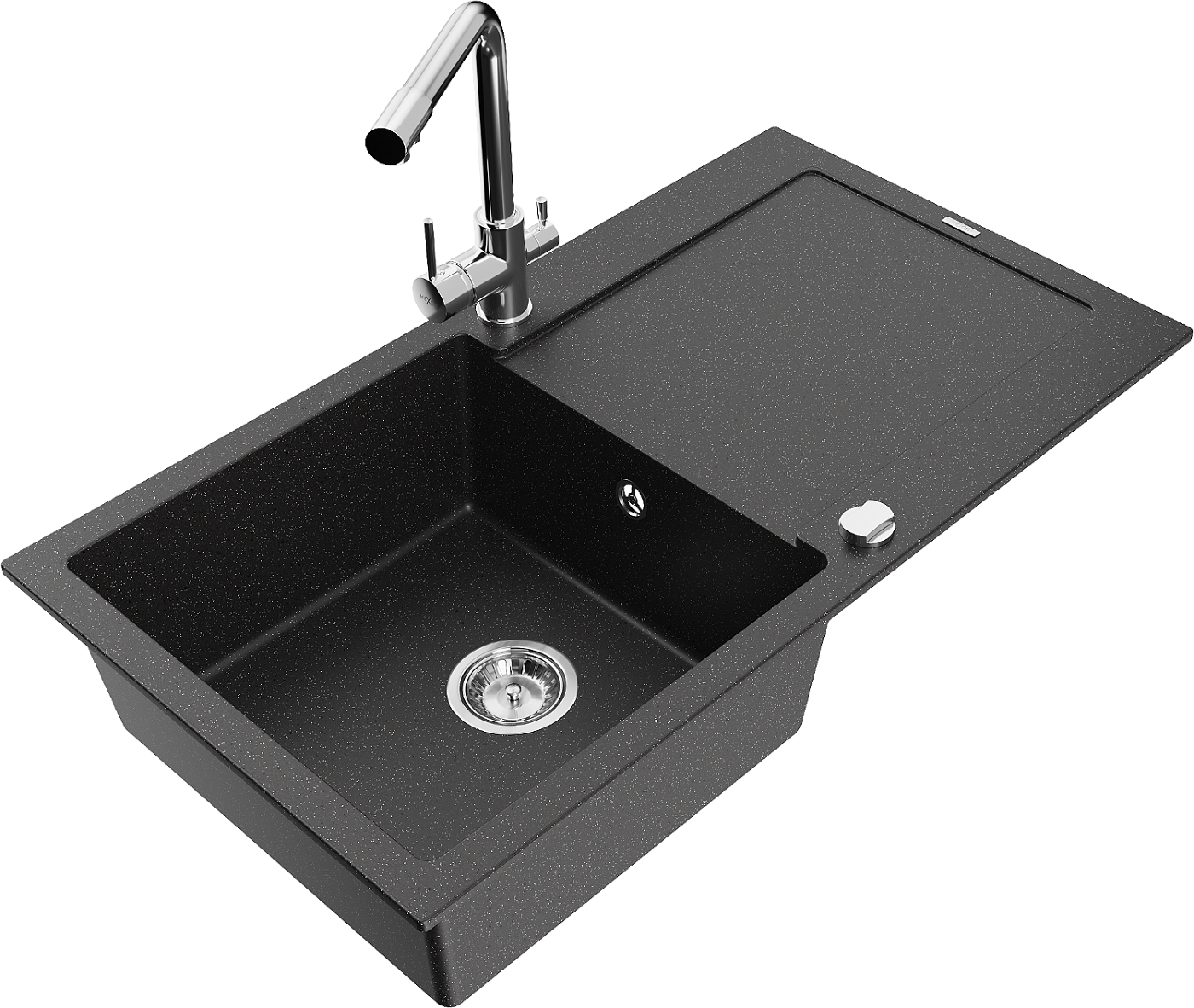 Mexen Leo zlewozmywak granitowy 1-komorowy z ociekaczem i baterią kuchenną Duero, czarny/srebrny metalik - 6501-73-671600-00